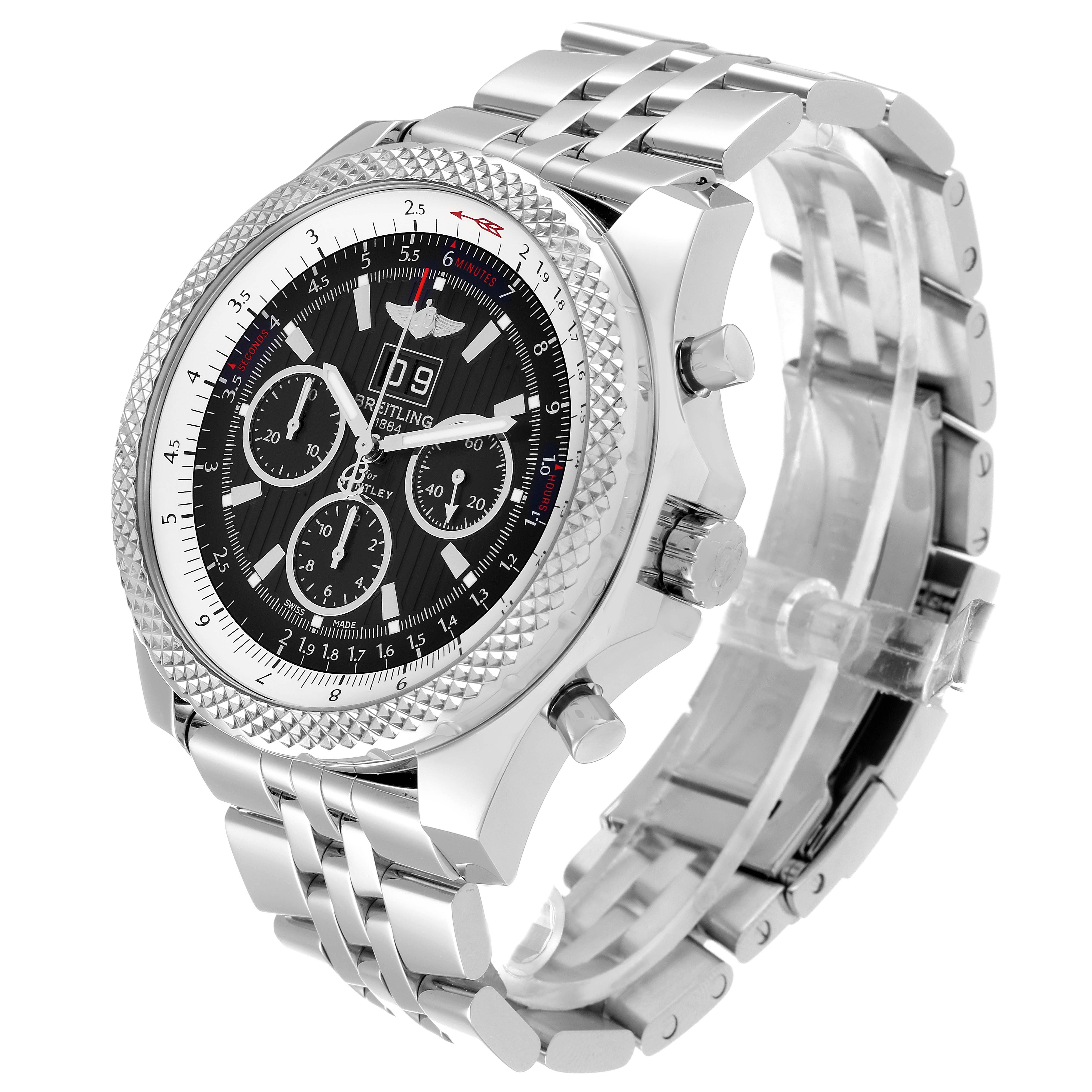 The Breitling Bentley A44364 Men's Stainless Steel Black Dial A44364 Men's Stainless Steel Black Dial watch is shown at a three-quarter angle, displaying the face, bezel, side buttons, and metal band.