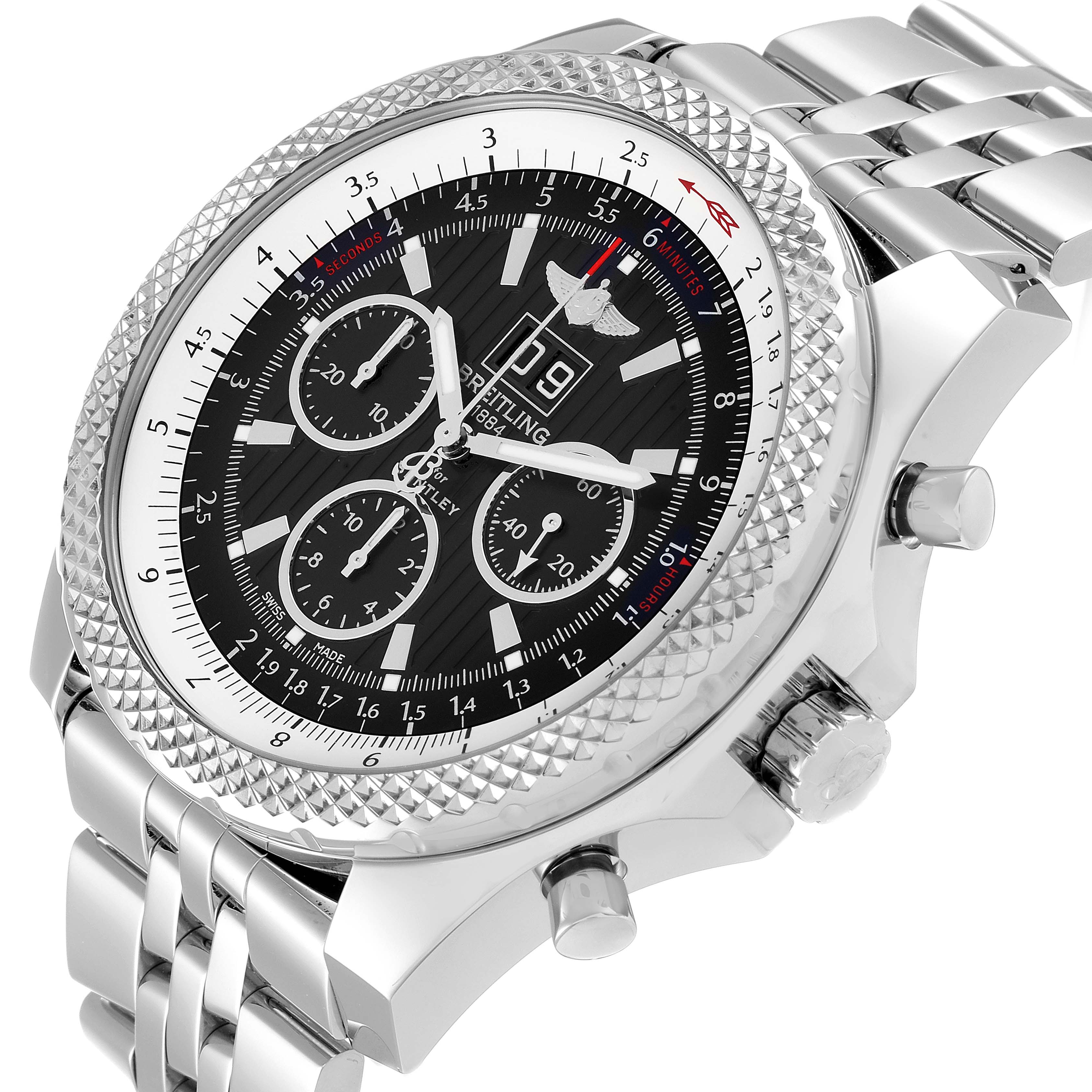 This image shows the face, side buttons, and part of the bracelet of the Breitling Bentley A44364 Men's Stainless Steel Black Dial A44364 Men's Stainless Steel Black Dial watch at an angled view.