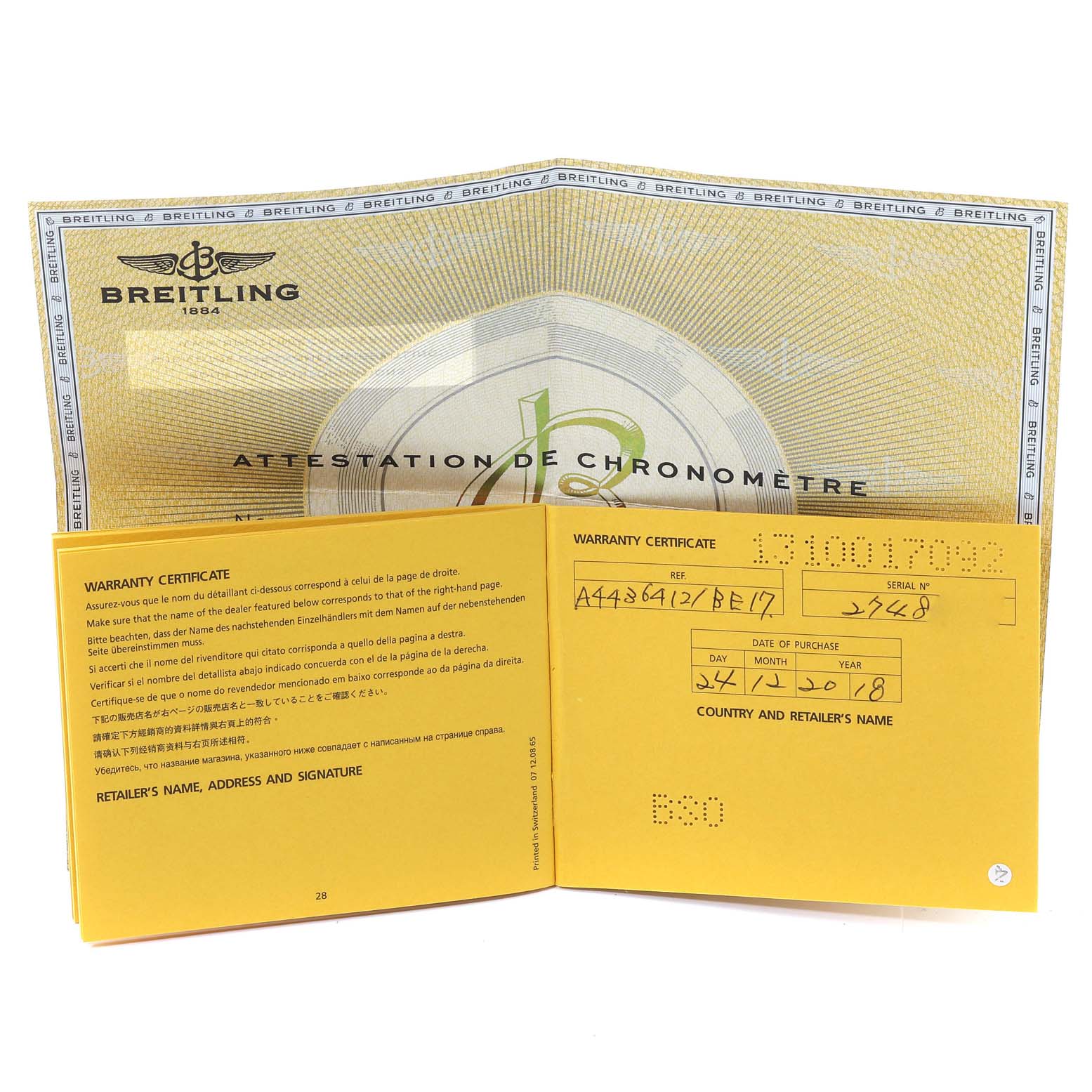 The image shows the warranty and chronometer certification documents for a Breitling Bentley A44364 Men's Stainless Steel Black Dial A44364 Men's Stainless Steel Black Dial model watch.