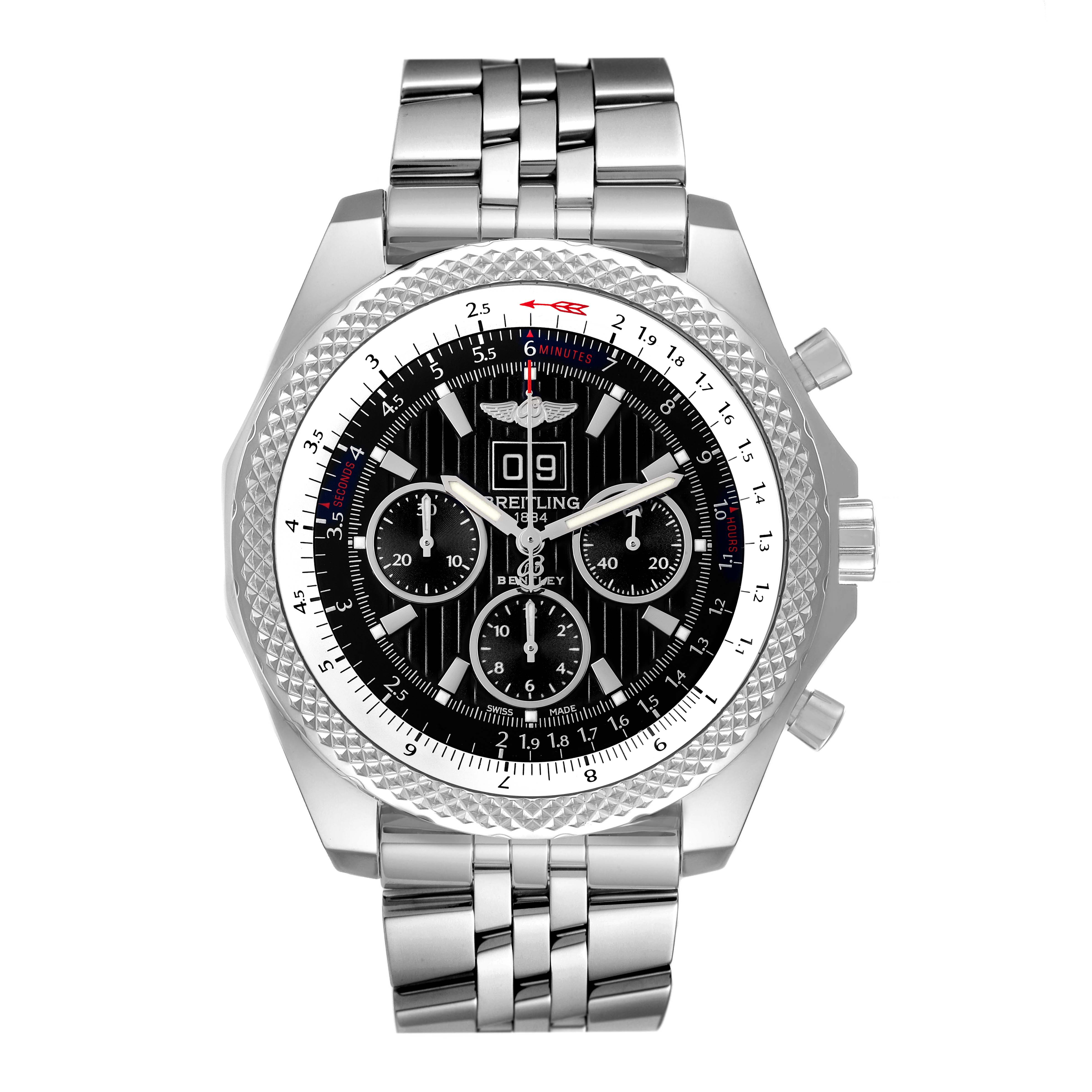 This image shows a front view of the Bentley model watch by Breitling, featuring its face, bezel, and metal bracelet.