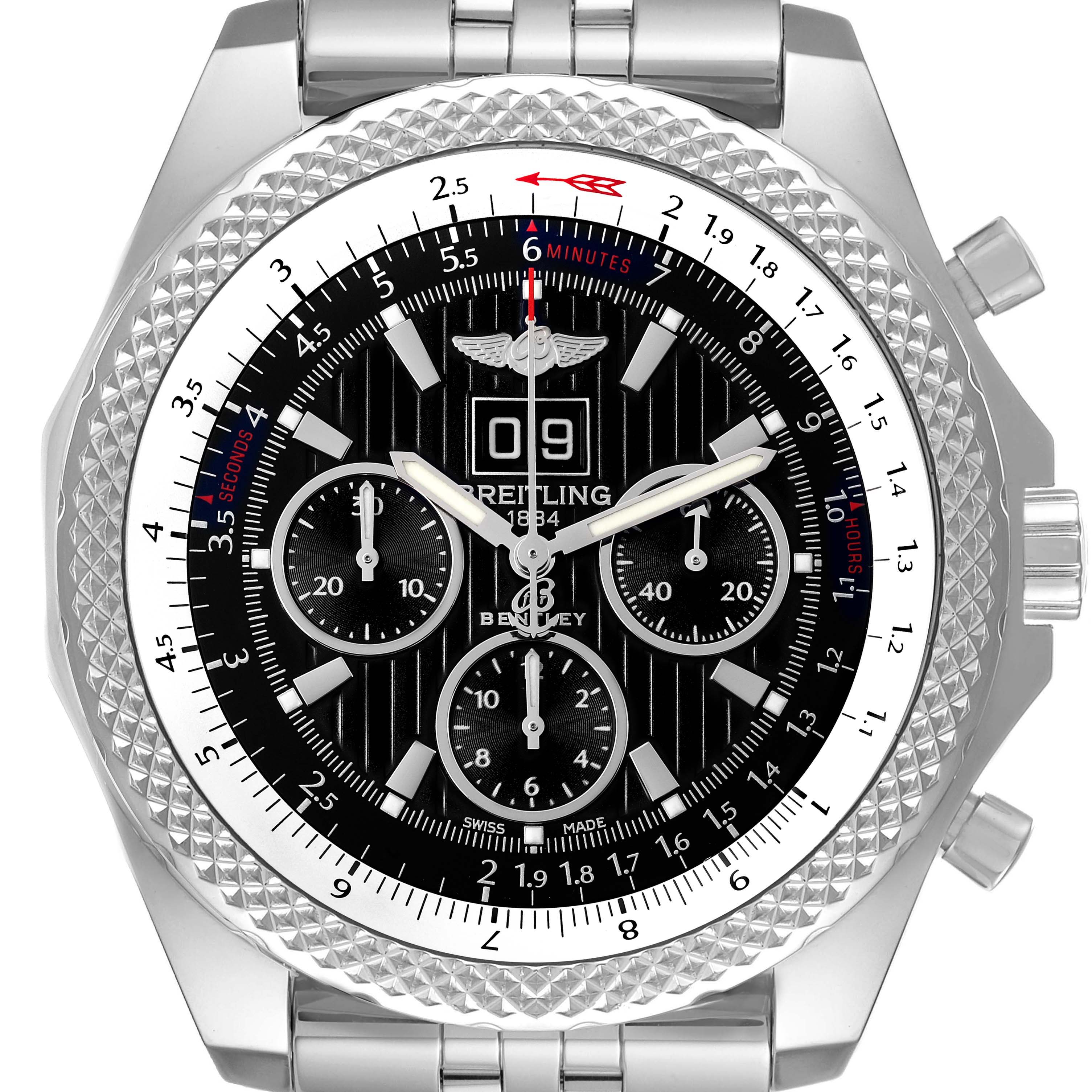 This is a front view of the Bentley by Breitling watch displaying its dial, bezel, and stainless steel bracelet.