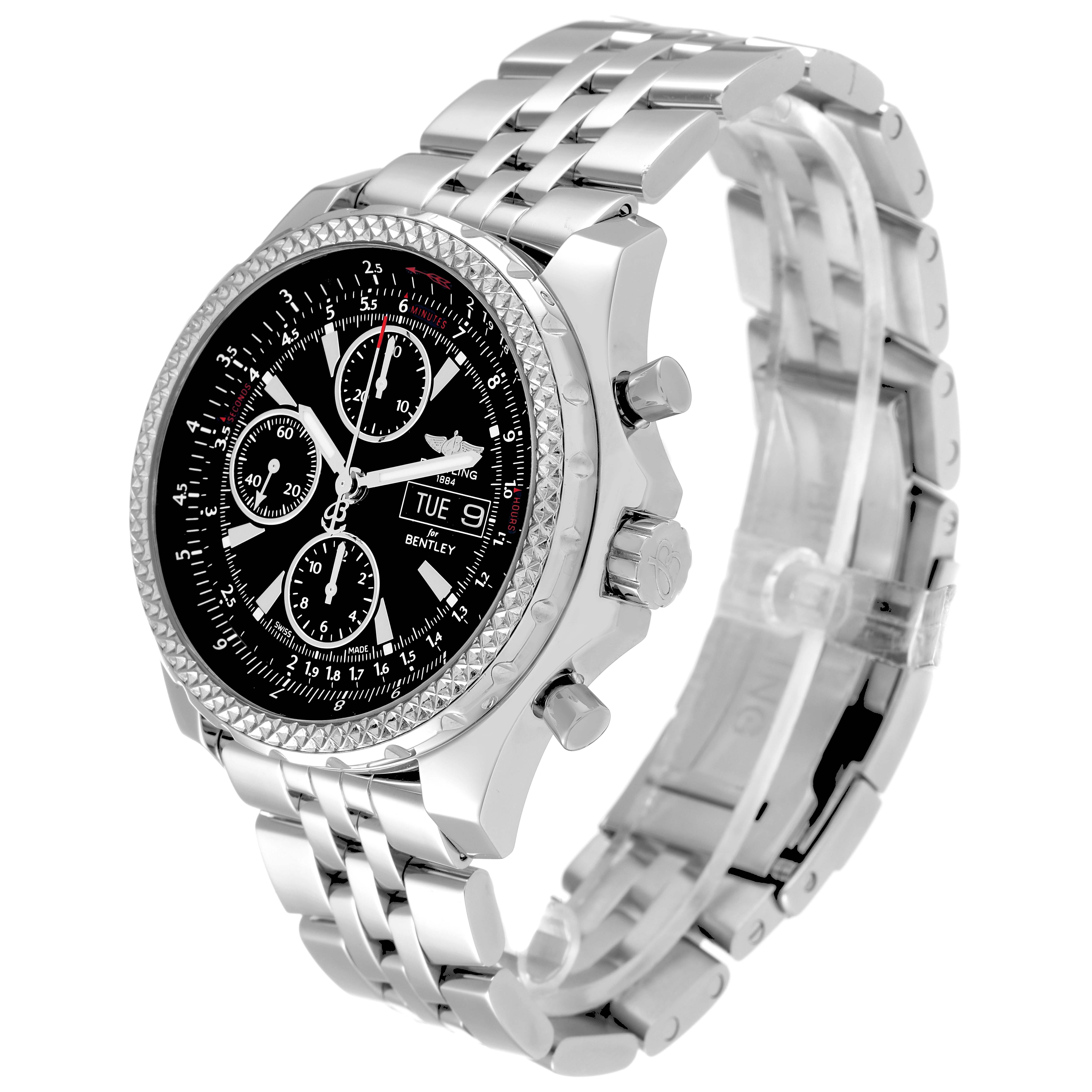 The Bentley model by Breitling is shown from a three-quarter angle, displaying its face, bezel, and bracelet.