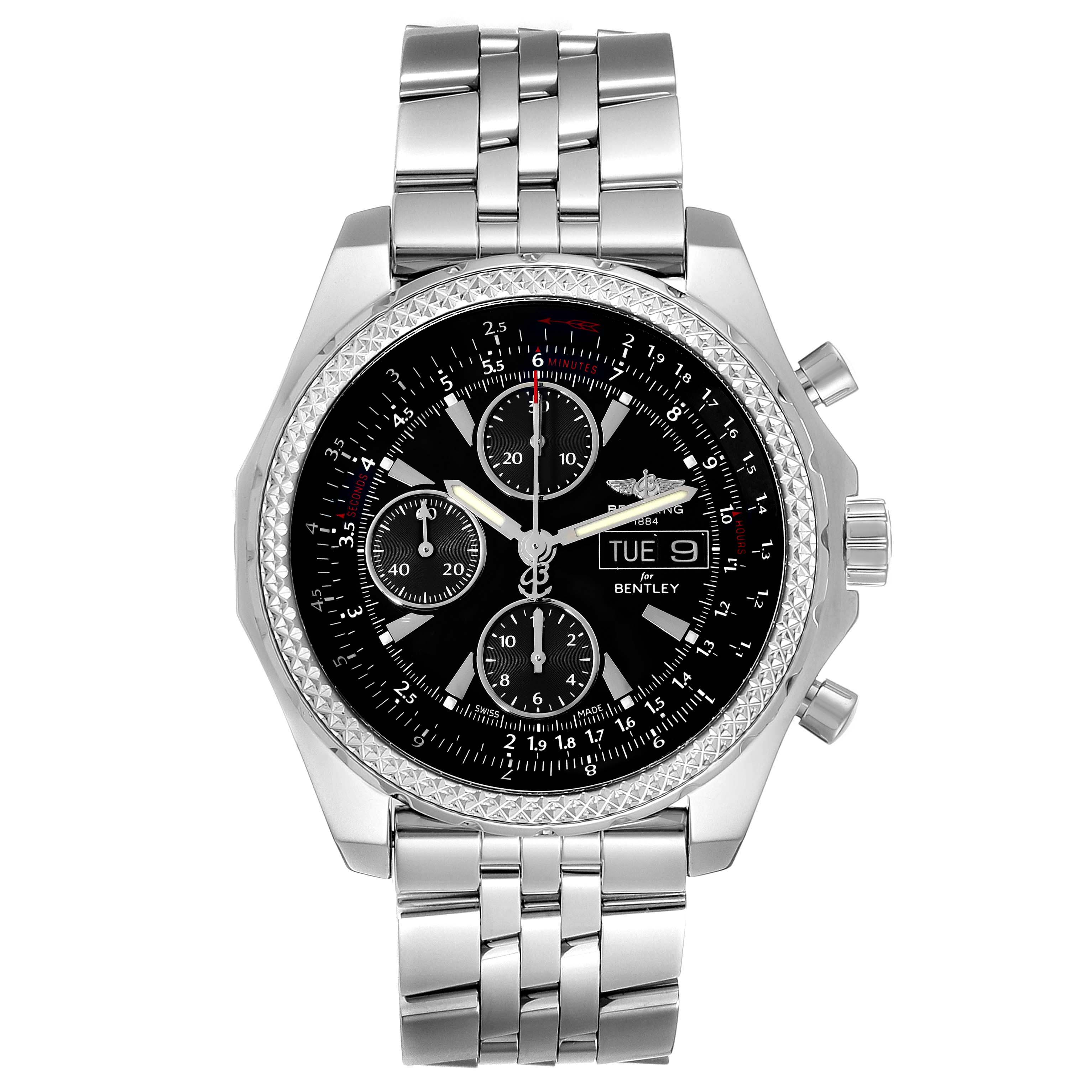 The image shows a front view of the Breitling Bentley A13362 Men's Stainless Steel Black Dial A13362 Men's Stainless Steel Black Dial watch, highlighting the dial, bracelet, and side buttons.