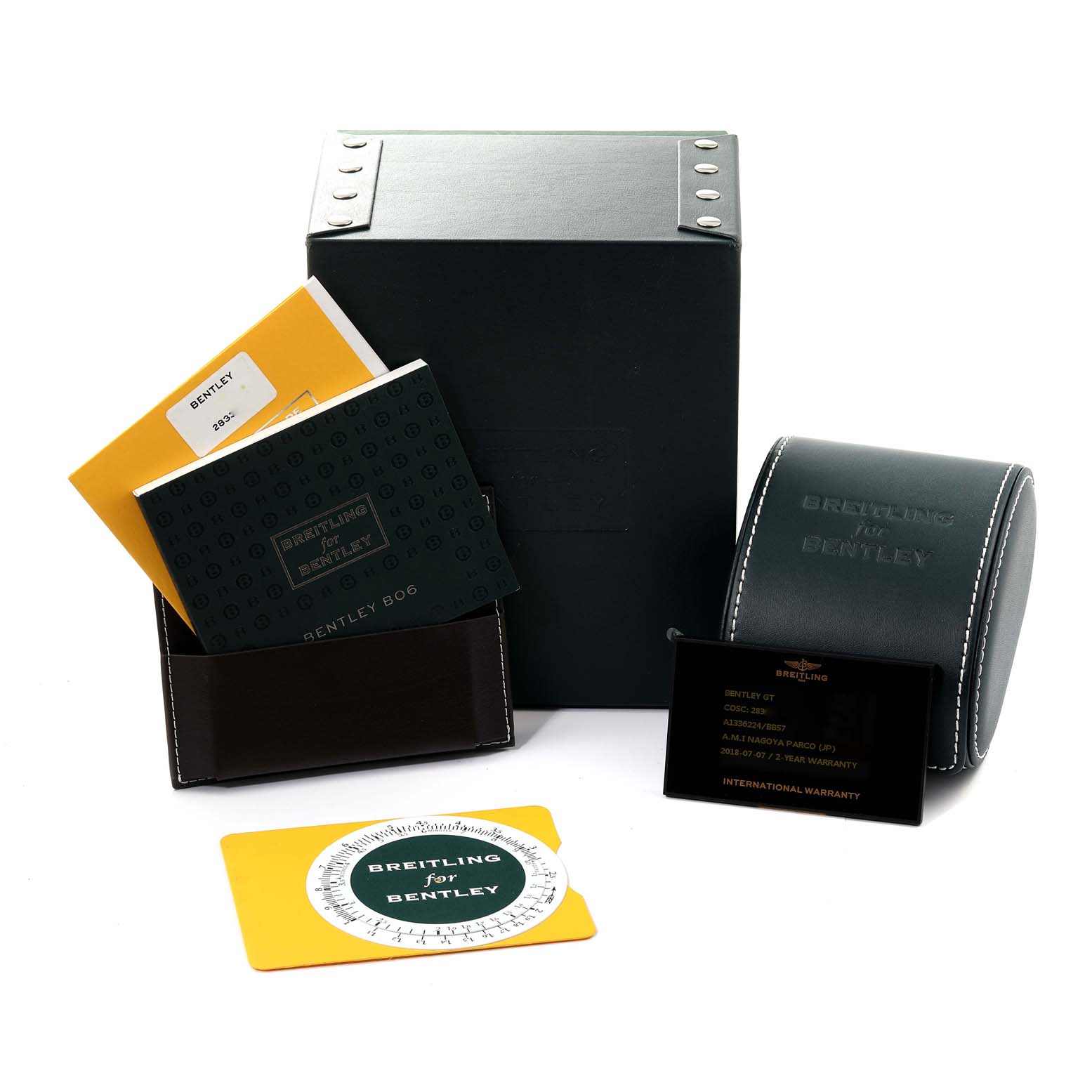 The image shows the packaging, warranty card, manuals, and a watch case for a Breitling Bentley A13362 Men's Stainless Steel Black Dial A13362 Men's Stainless Steel Black Dial model.