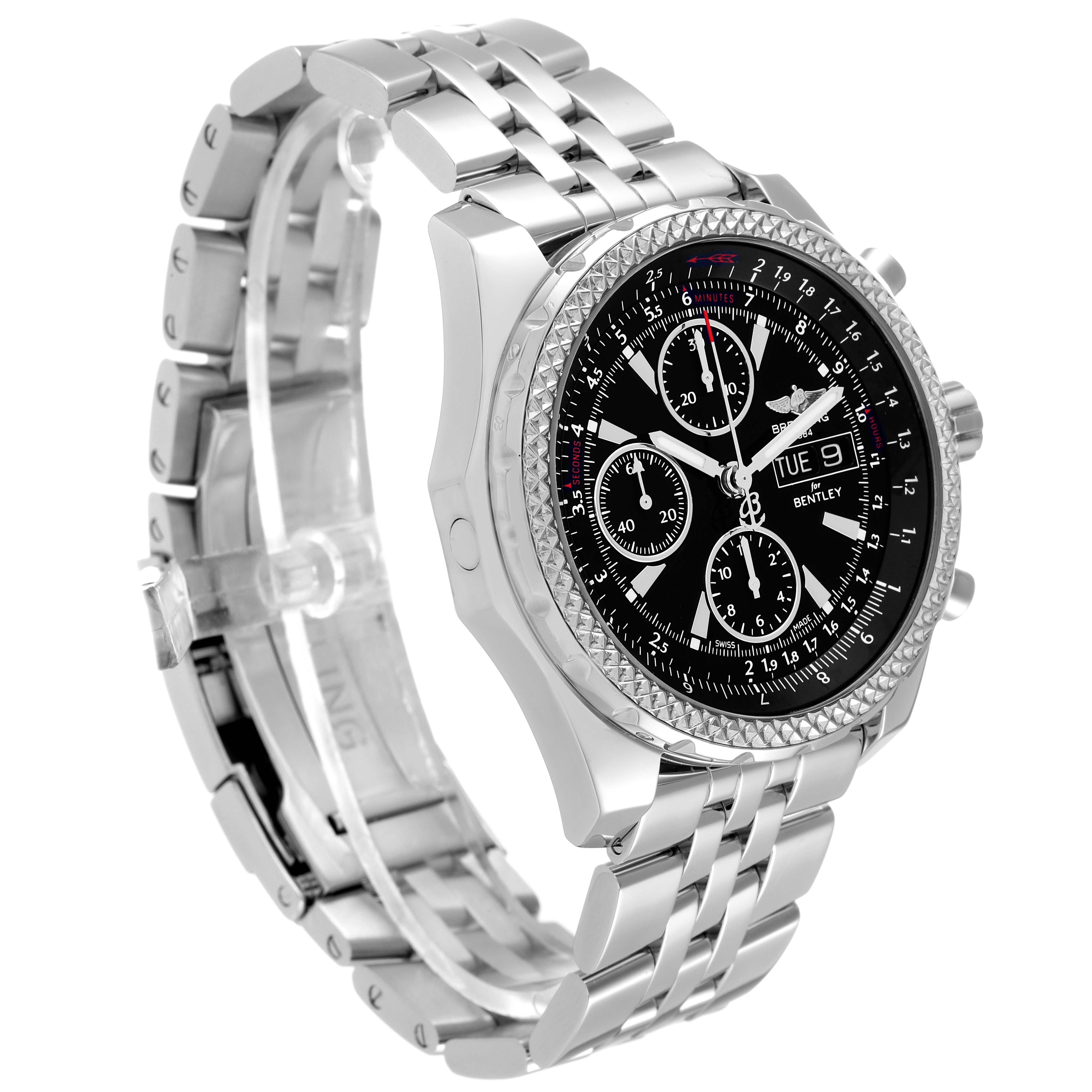 This Breitling Bentley A13362 Men's Stainless Steel Black Dial A13362 Men's Stainless Steel Black Dial watch is shown at a three-quarter angle, displaying its face, bezel, and metal bracelet.