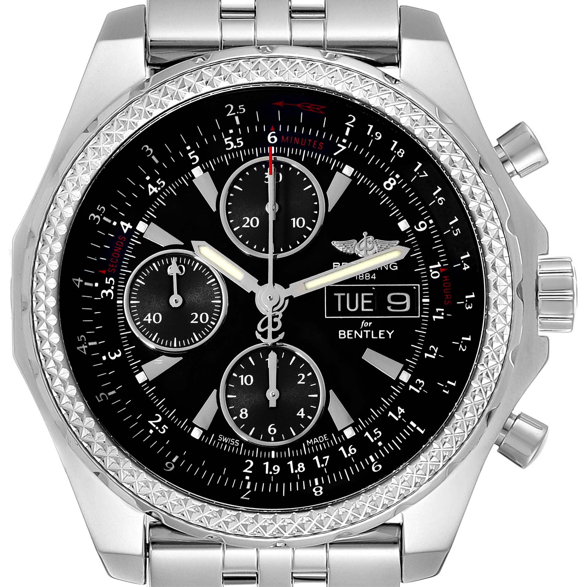 The Breitling Bentley A13362 Men's Stainless Steel Black Dial A13362 Men's Stainless Steel Black Dial watch is shown from a front angle, highlighting the face, bezel, and part of the bracelet.