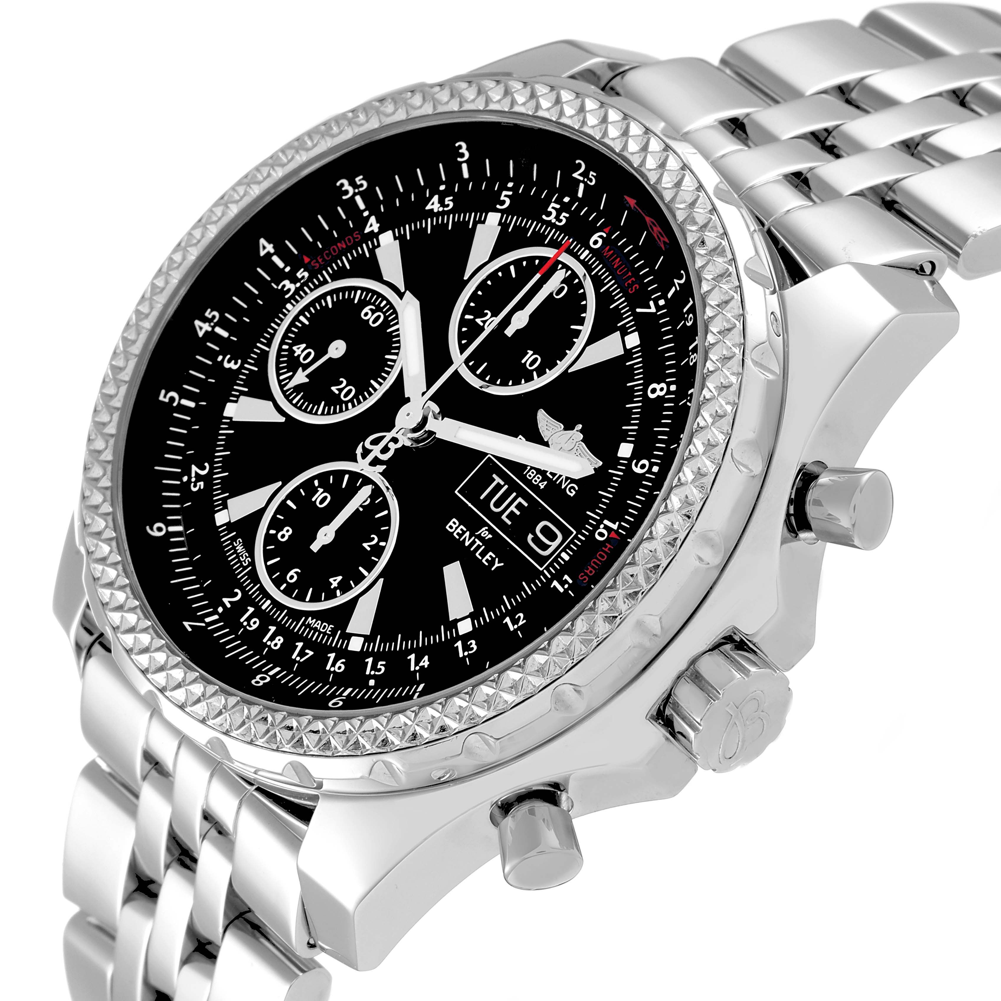 This image shows a side angle of the Breitling Bentley A13362 Men's Stainless Steel Black Dial A13362 Men's Stainless Steel Black Dial watch, highlighting its black dial, chronograph sub-dials, and metal band.