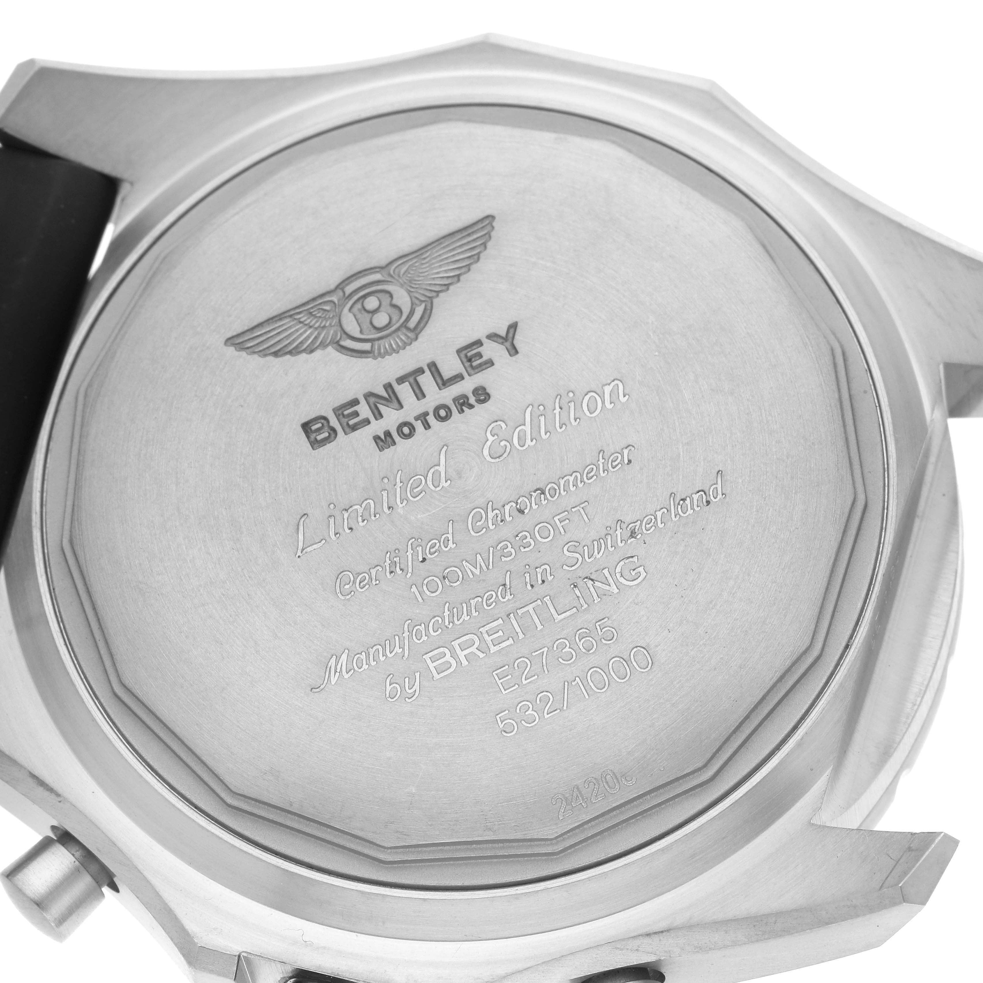 This image shows the back case of a Breitling Bentley E2736522/BC63 Men's Titanium Black Dial E2736522/BC63 Men's Titanium Black Dial Motors Limited Edition watch, highlighting its engraved details.