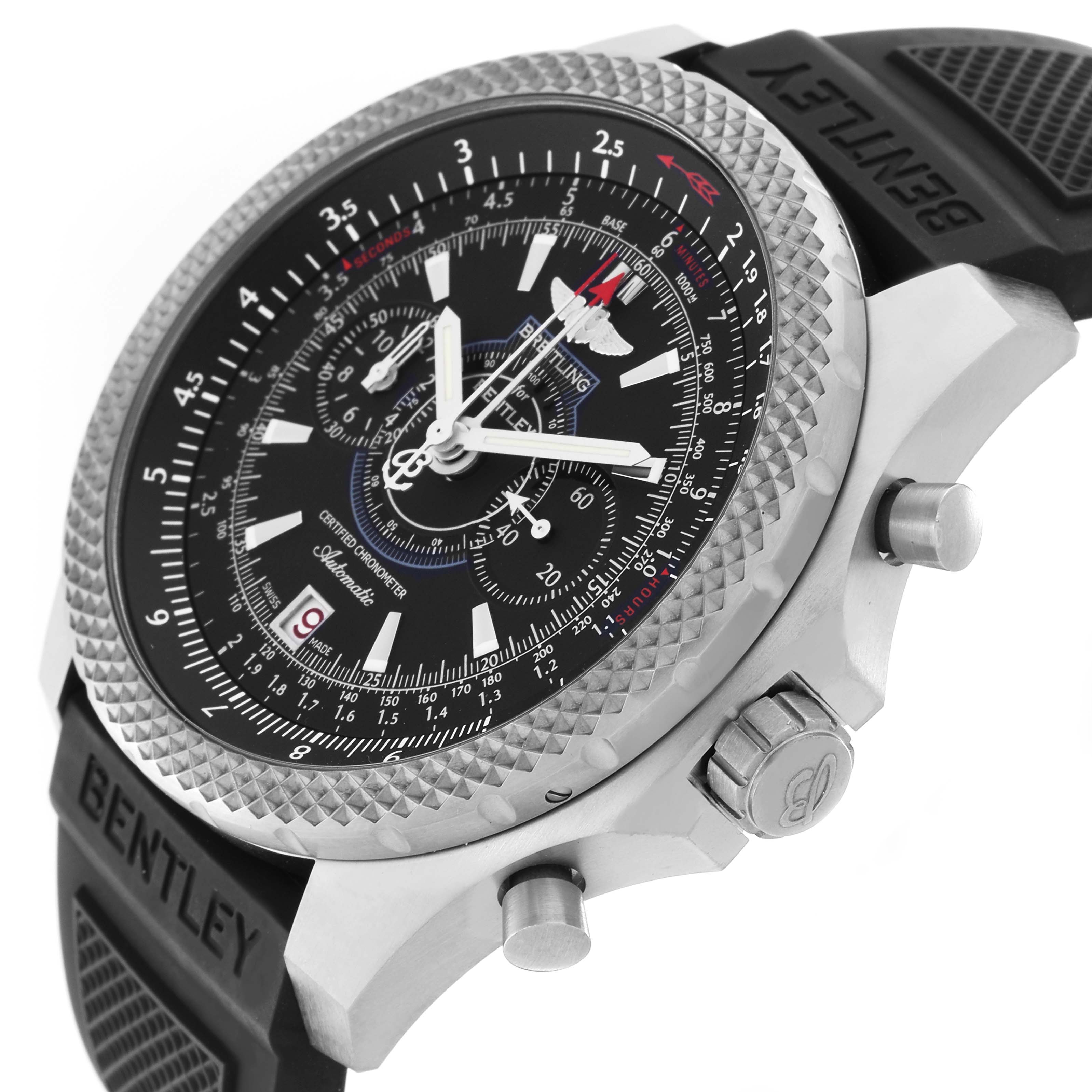 The image shows a close-up, angled view of a Breitling Limited Series watch, highlighting the dial, bezel, crown, and part of the strap.