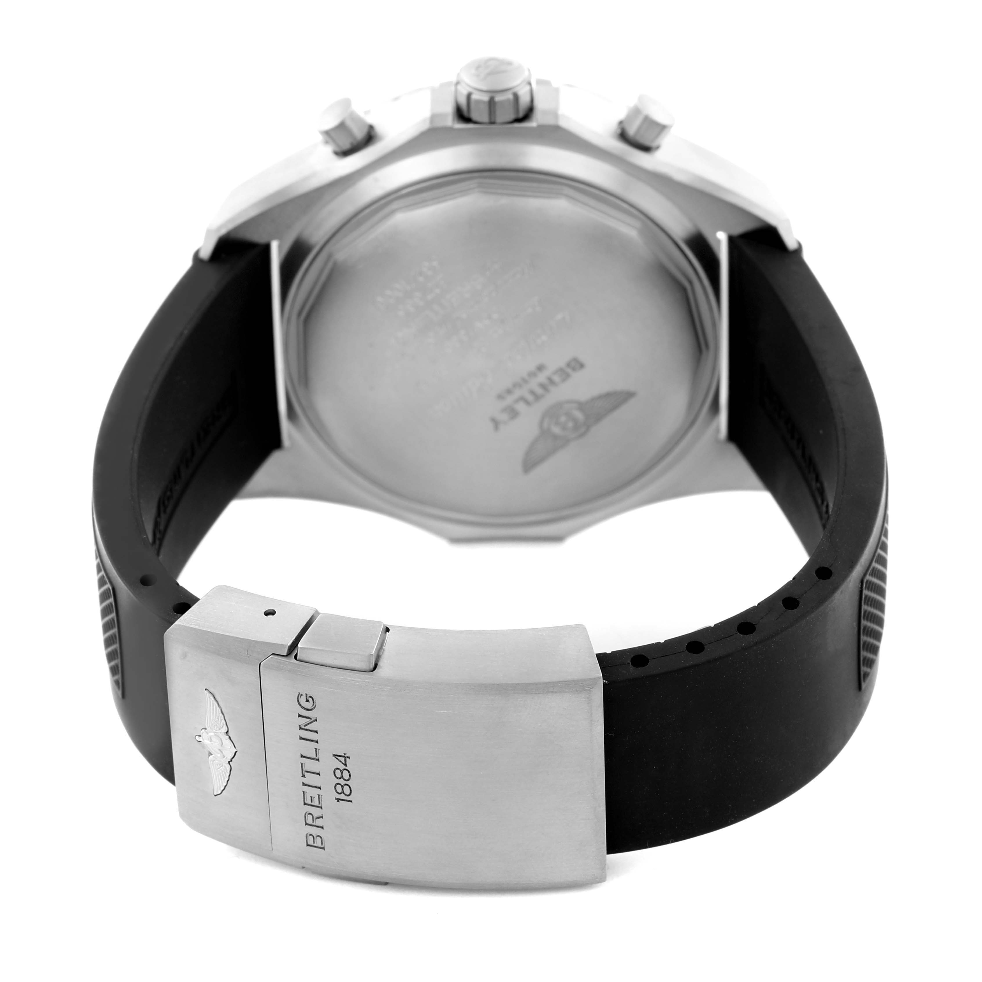 This image shows the backside and clasp of the Breitling Limited Series watch, featuring its black strap and stainless steel clasp.