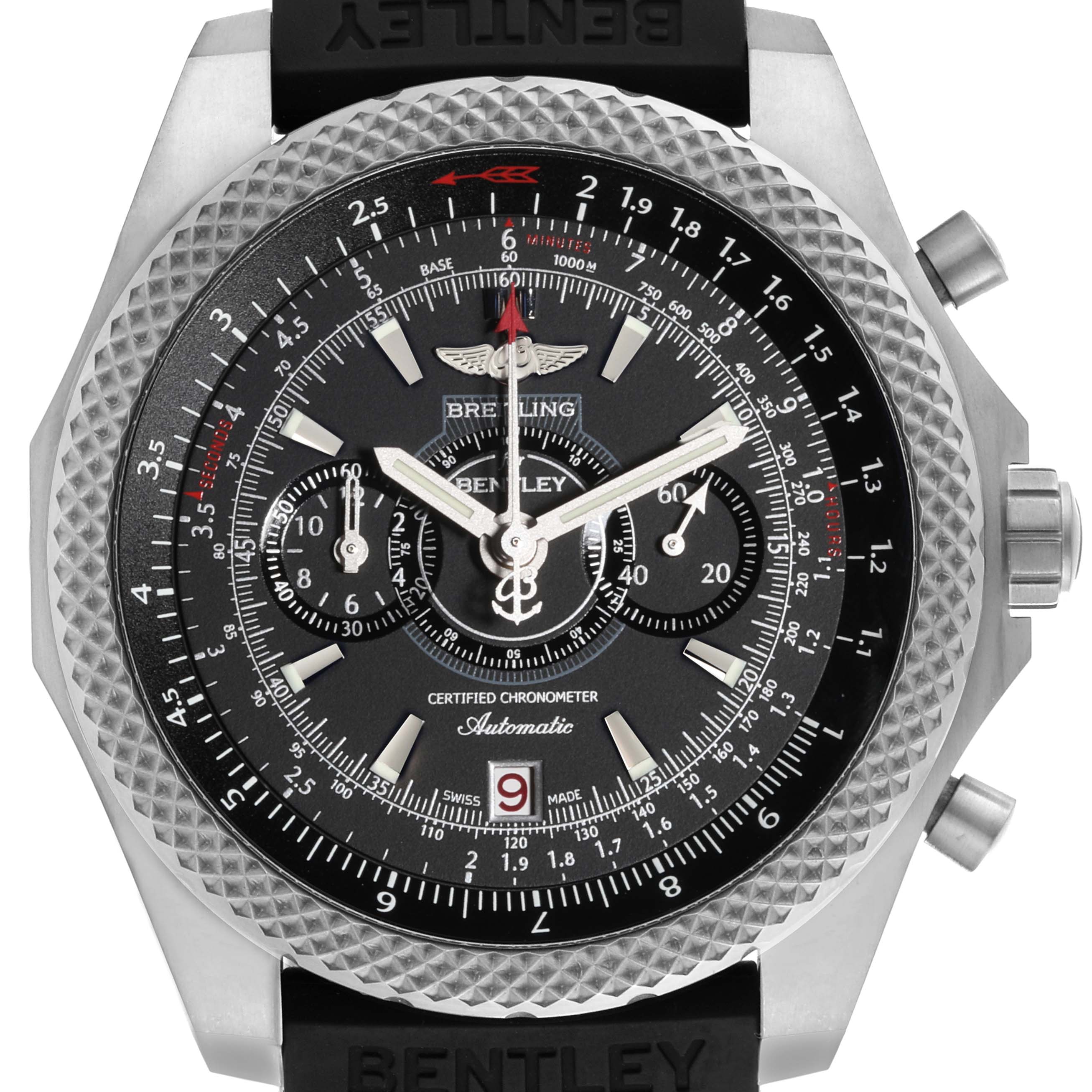 The image shows a front view of a Breitling Bentley E2736522/BC63 Men's Titanium Black Dial E2736522/BC63 Men's Titanium Black Dial Limited Series watch, highlighting the dial, bezel, and push buttons.