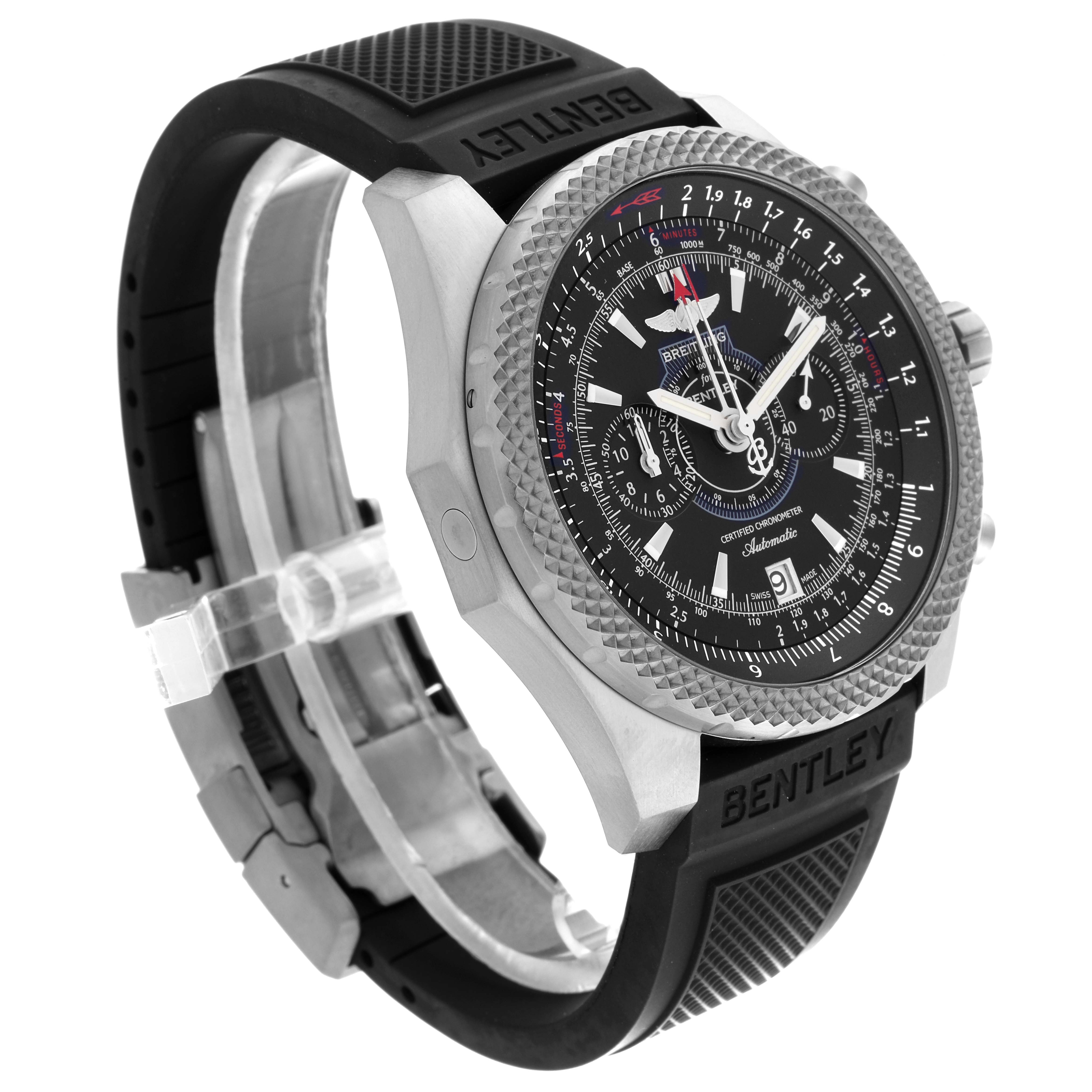 The Breitling Limited Series watch is shown from a three-quarter angle displaying the face, bezel, and rubber strap.