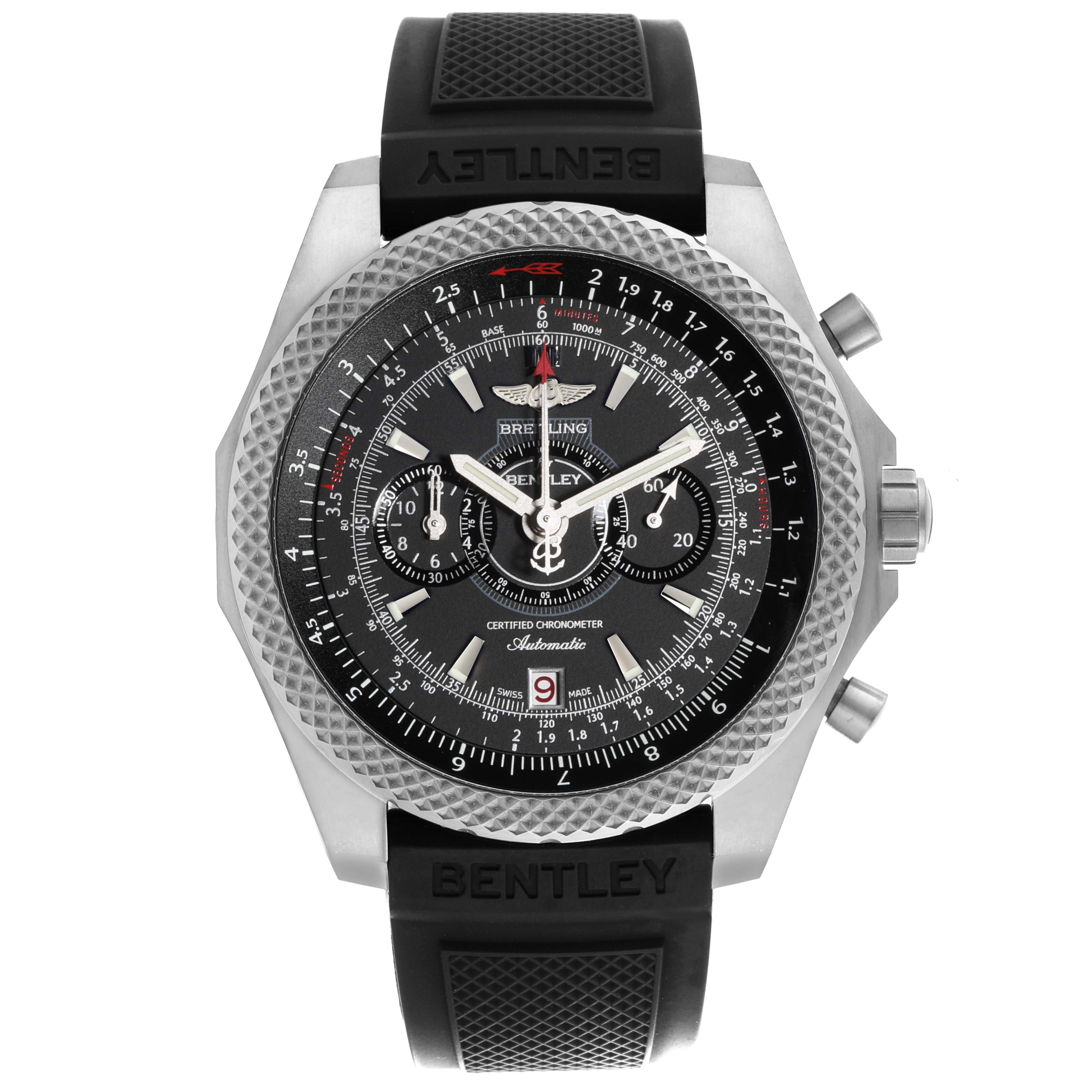 The image shows a front view of the Breitling Bentley E2736522/BC63 Men's Titanium Black Dial E2736522/BC63 Men's Titanium Black Dial Limited Series watch, featuring its dial, bezel, and rubber strap.