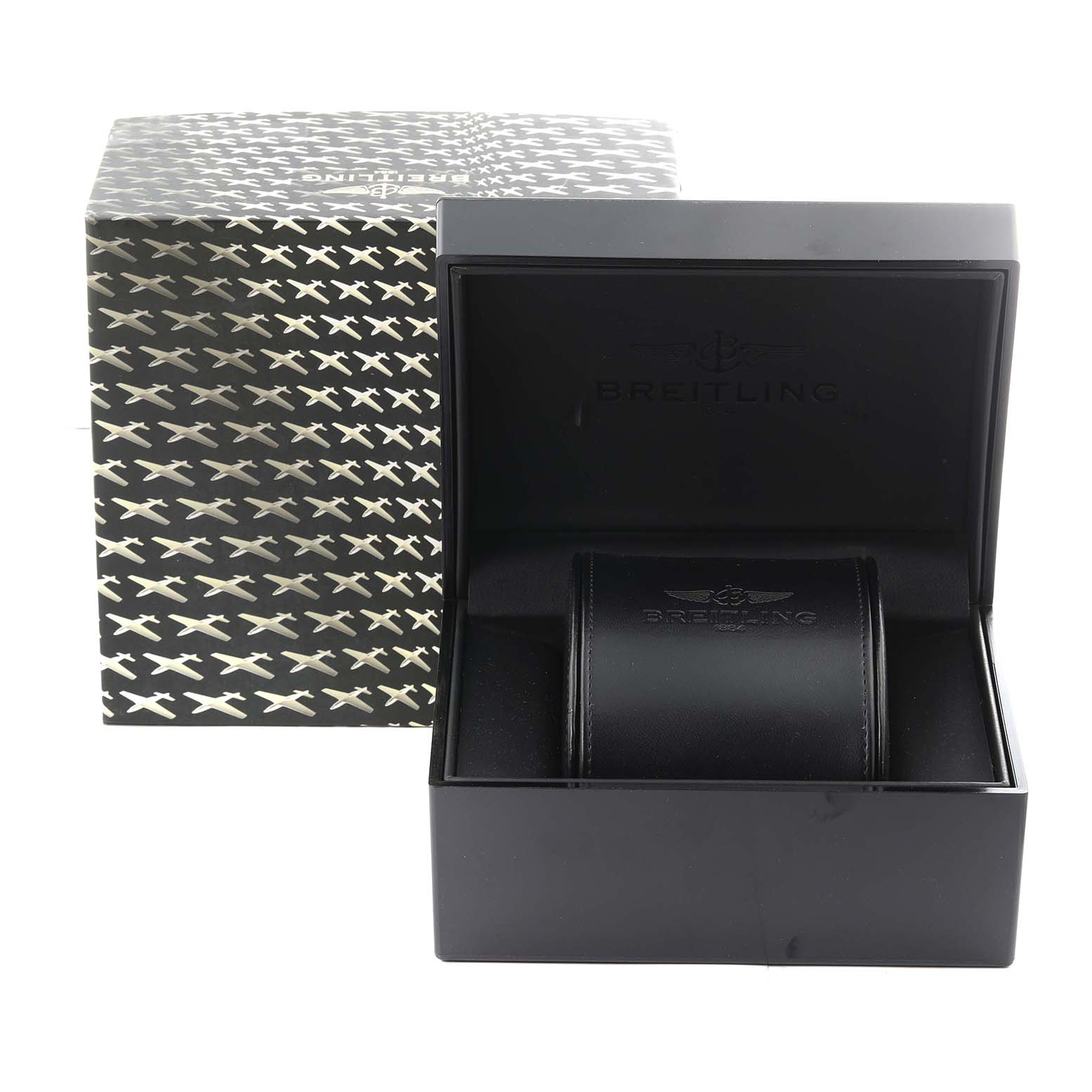 The image shows the packaging and presentation box for the Breitling Limited Series watch, with a black interior and branded pillow.