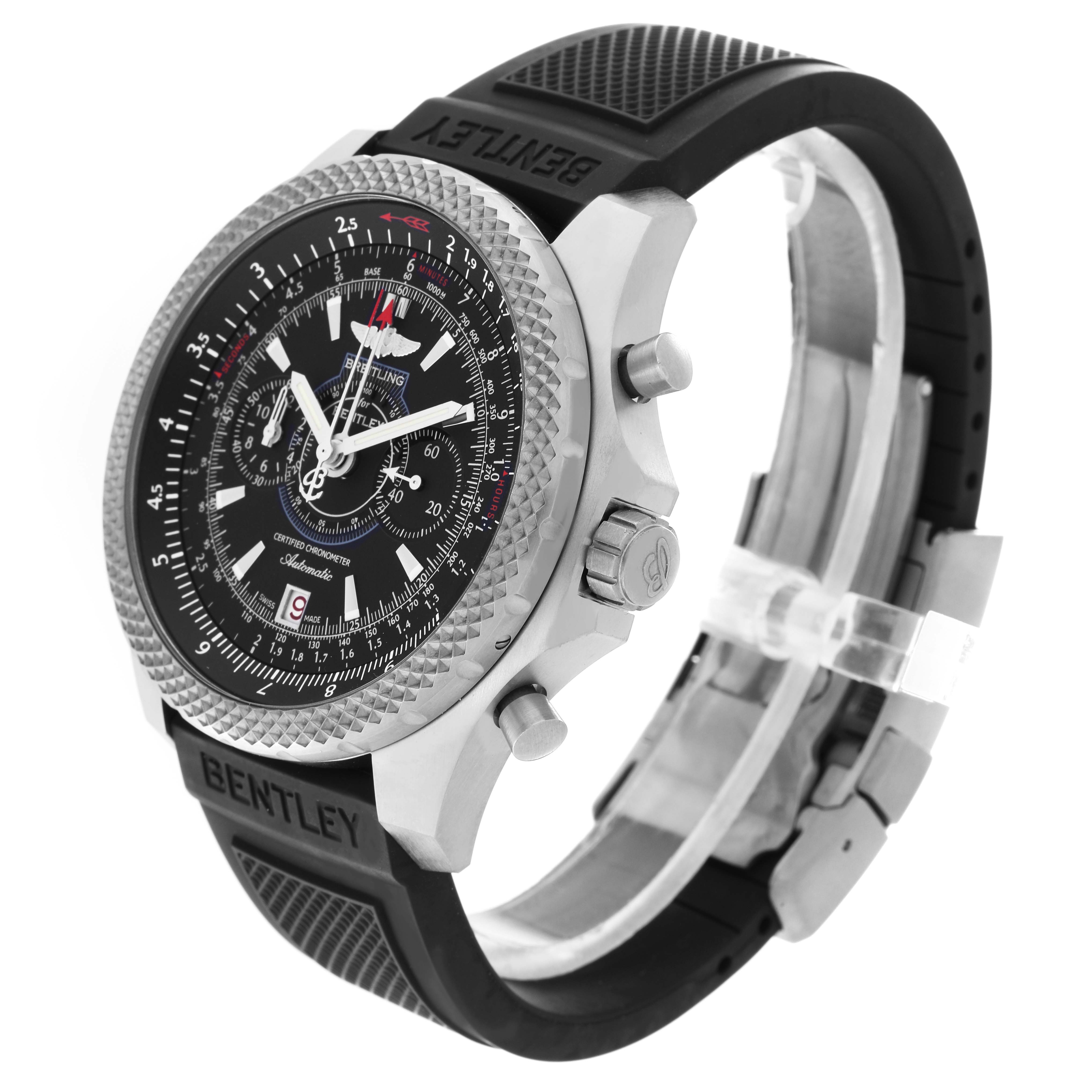 The image shows a Breitling Bentley E2736522/BC63 Men's Titanium Black Dial E2736522/BC63 Men's Titanium Black Dial Limited Series watch at an angled side view, highlighting the bezel, face, and rubber strap.