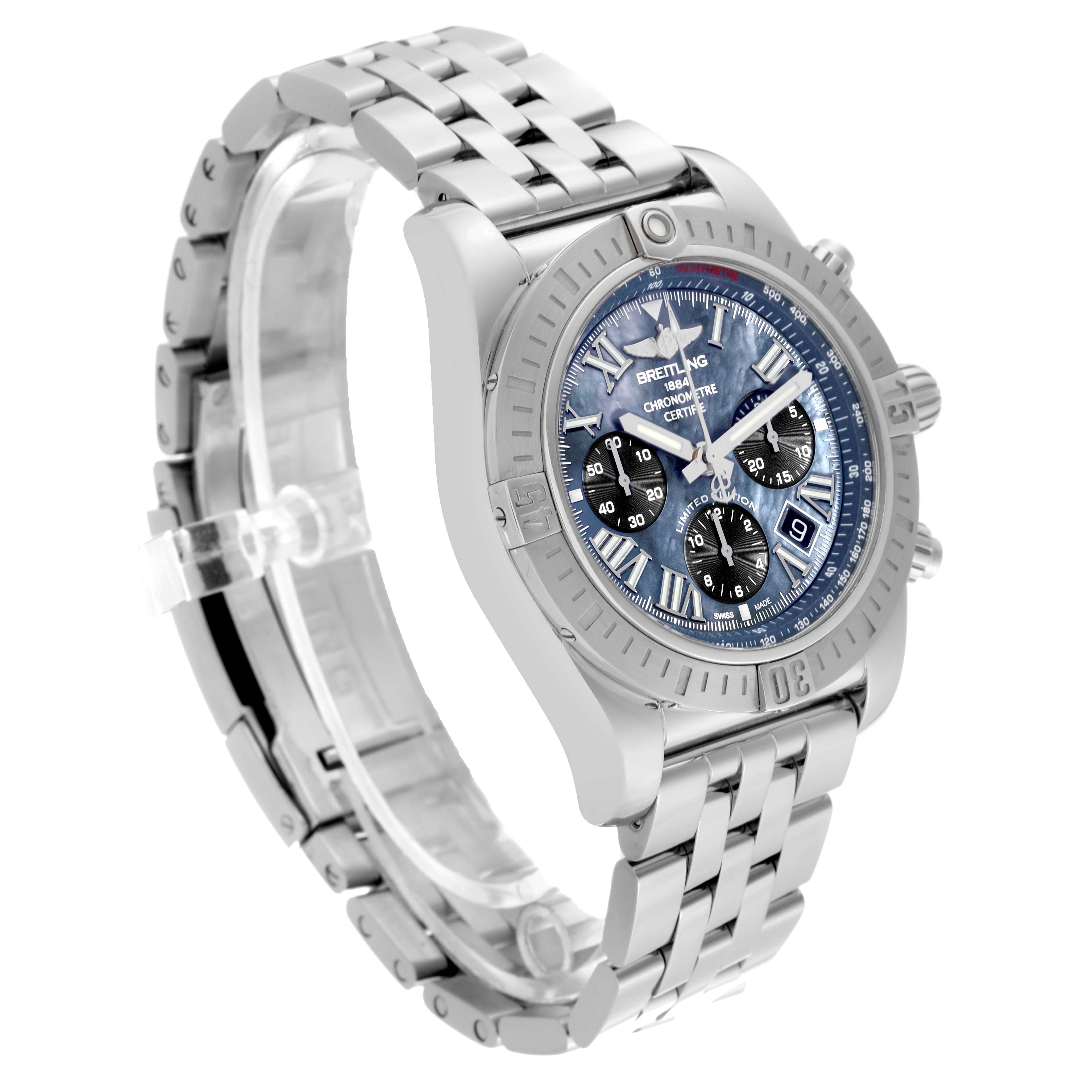 The Breitling Chronomat AB01153A1B1A1 Men's Stainless Steel Mother of Pearl Dial AB01153A1B1A1 Men's Stainless Steel Mother of Pearl Dial watch is shown at a 3/4 angle, highlighting the face, bezel, and stainless steel bracelet.