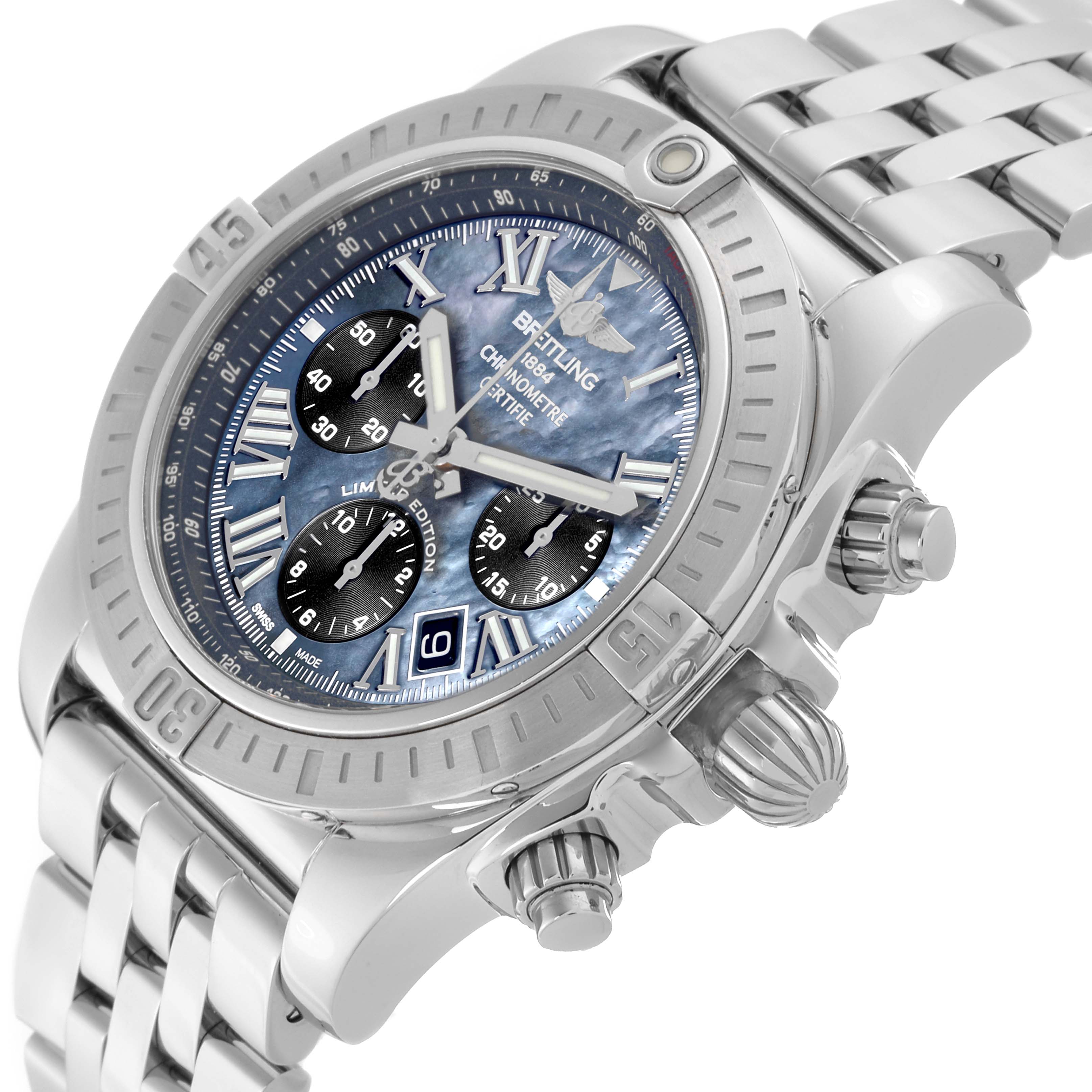 The image shows a close-up angled view of a Breitling Chronomat AB01153A1B1A1 Men's Stainless Steel Mother of Pearl Dial AB01153A1B1A1 Men's Stainless Steel Mother of Pearl Dial model watch, highlighting the face, bezel, and bracelet.