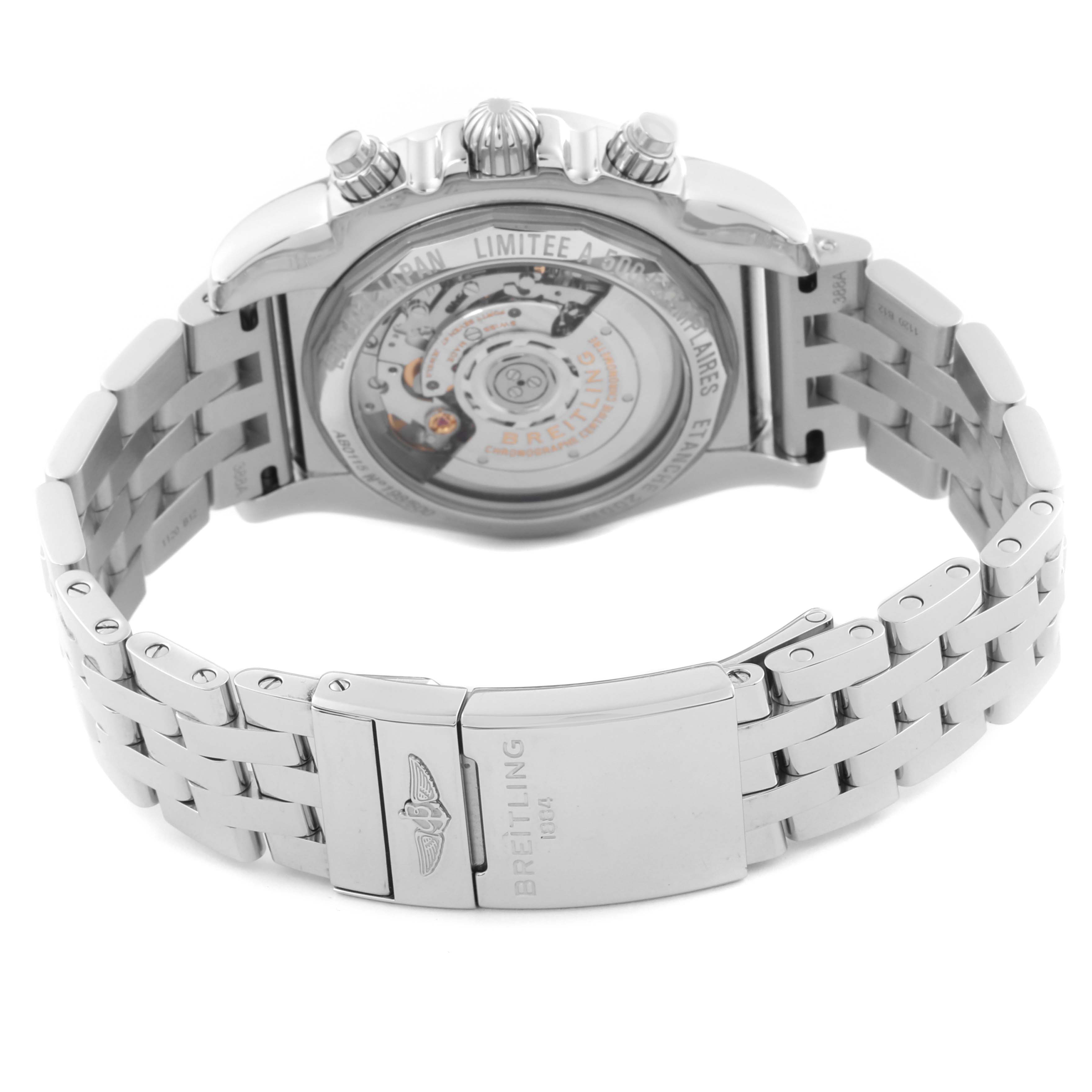 This image shows the back view of a Breitling Chronomat AB01153A1B1A1 Men's Stainless Steel Mother of Pearl Dial AB01153A1B1A1 Men's Stainless Steel Mother of Pearl Dial watch, featuring its open case back and metal bracelet.