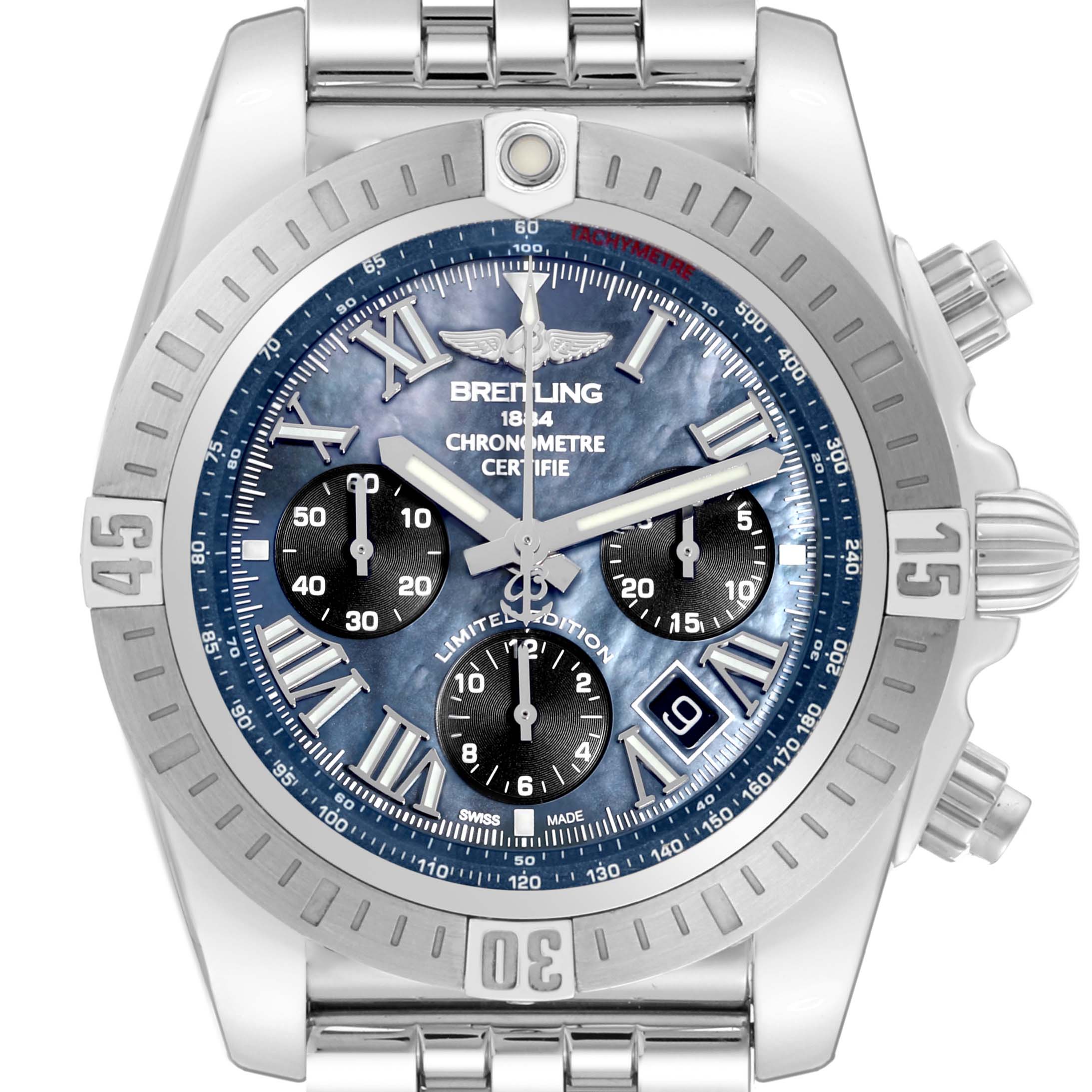 The image shows a front view of a Breitling Chronomat AB01153A1B1A1 Men's Stainless Steel Mother of Pearl Dial AB01153A1B1A1 Men's Stainless Steel Mother of Pearl Dial watch, including the bezel, dial, subdials, and bracelet.