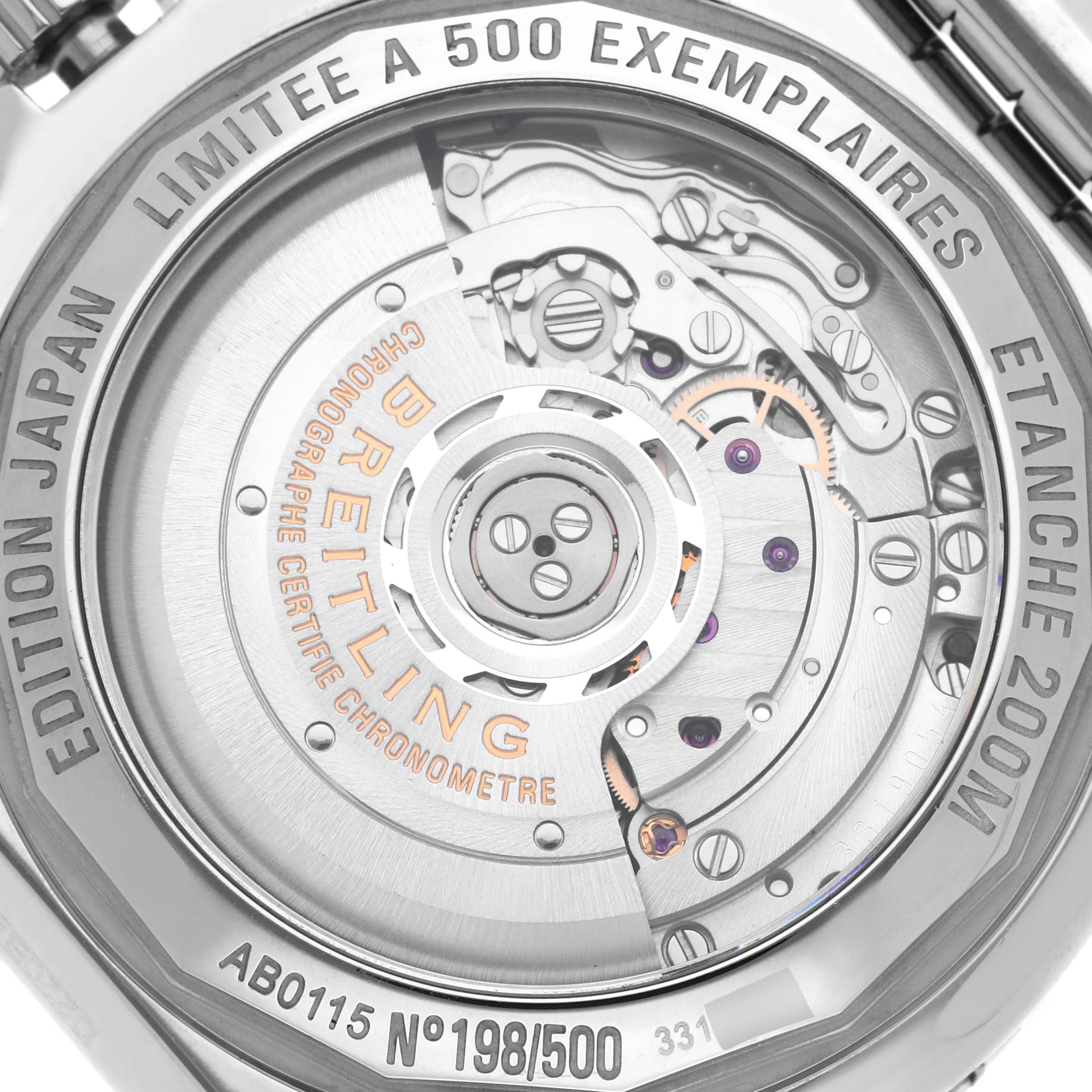 The image shows the back view of the Breitling Chronomat AB01153A1B1A1 Men's Stainless Steel Mother of Pearl Dial AB01153A1B1A1 Men's Stainless Steel Mother of Pearl Dial, showcasing its intricate movement and limited edition details.