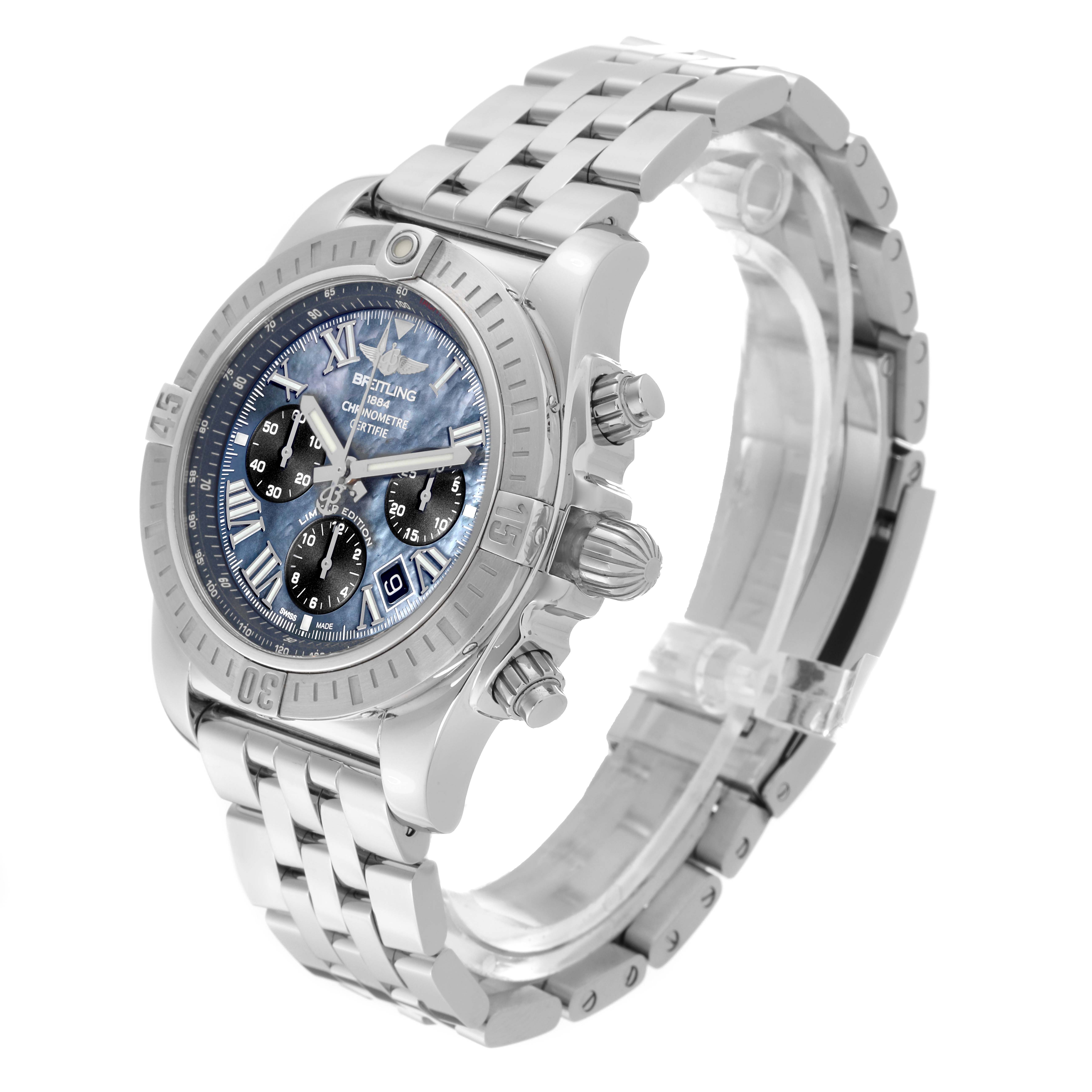 The image shows a side view of the Breitling Chronomat AB01153A1B1A1 Men's Stainless Steel Mother of Pearl Dial AB01153A1B1A1 Men's Stainless Steel Mother of Pearl Dial watch, highlighting its metal bracelet, crown, pushers, and detailed dial.