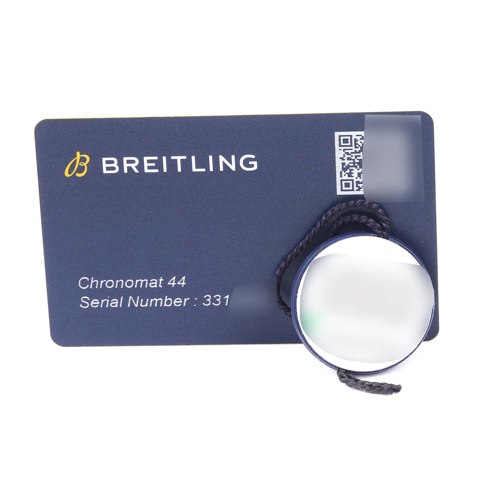 The image shows a warranty card for a Breitling Chronomat AB01153A1B1A1 Men's Stainless Steel Mother of Pearl Dial AB01153A1B1A1 Men's Stainless Steel Mother of Pearl Dial 44 with a serial number and a magnifying loupe attached.