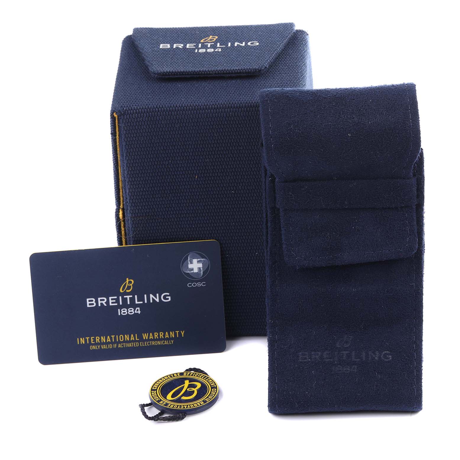 The image shows Breitling Chronomat AB01153A1B1A1 Men's Stainless Steel Mother of Pearl Dial AB01153A1B1A1 Men's Stainless Steel Mother of Pearl Dial watch accessories including a warranty card, a box, a pouch, and a tag.