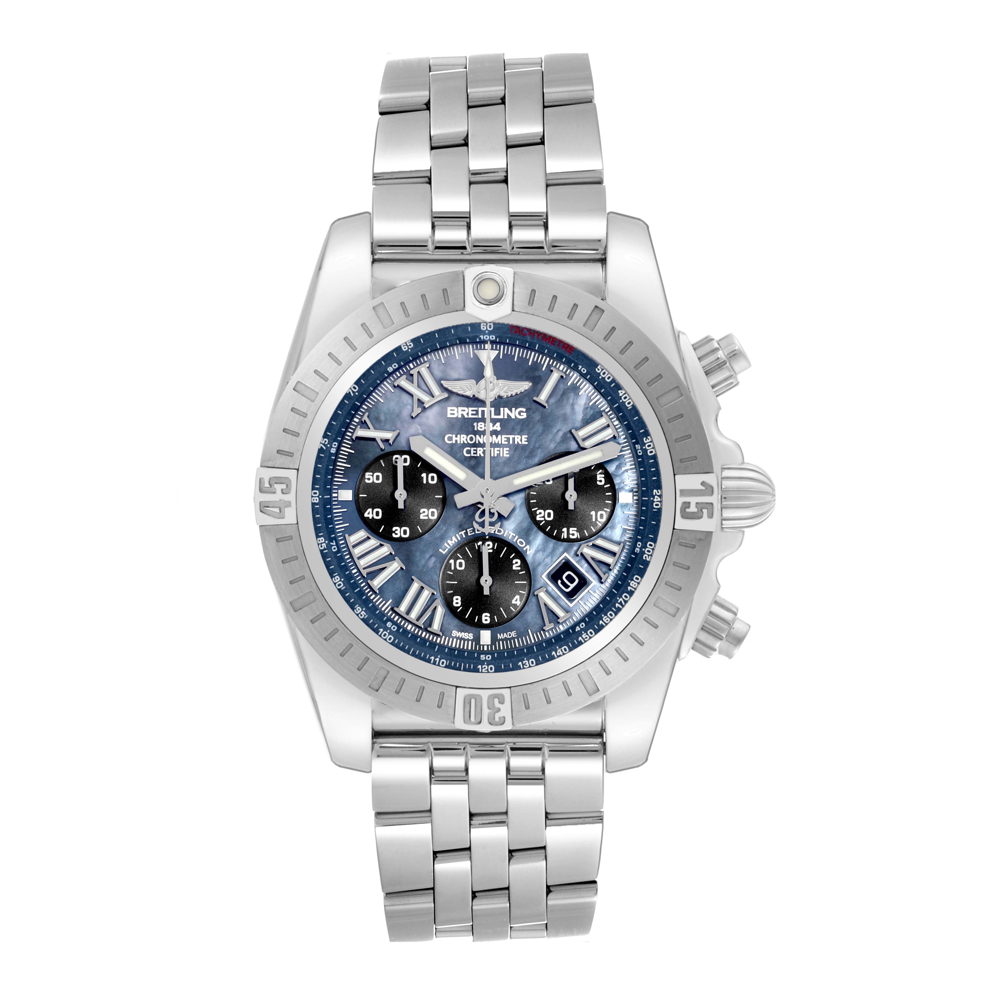 This image shows a front view of the Breitling Chronomat AB01153A1B1A1 Men's Stainless Steel Mother of Pearl Dial AB01153A1B1A1 Men's Stainless Steel Mother of Pearl Dial watch, displaying the face, bezel, crown, and entire bracelet.