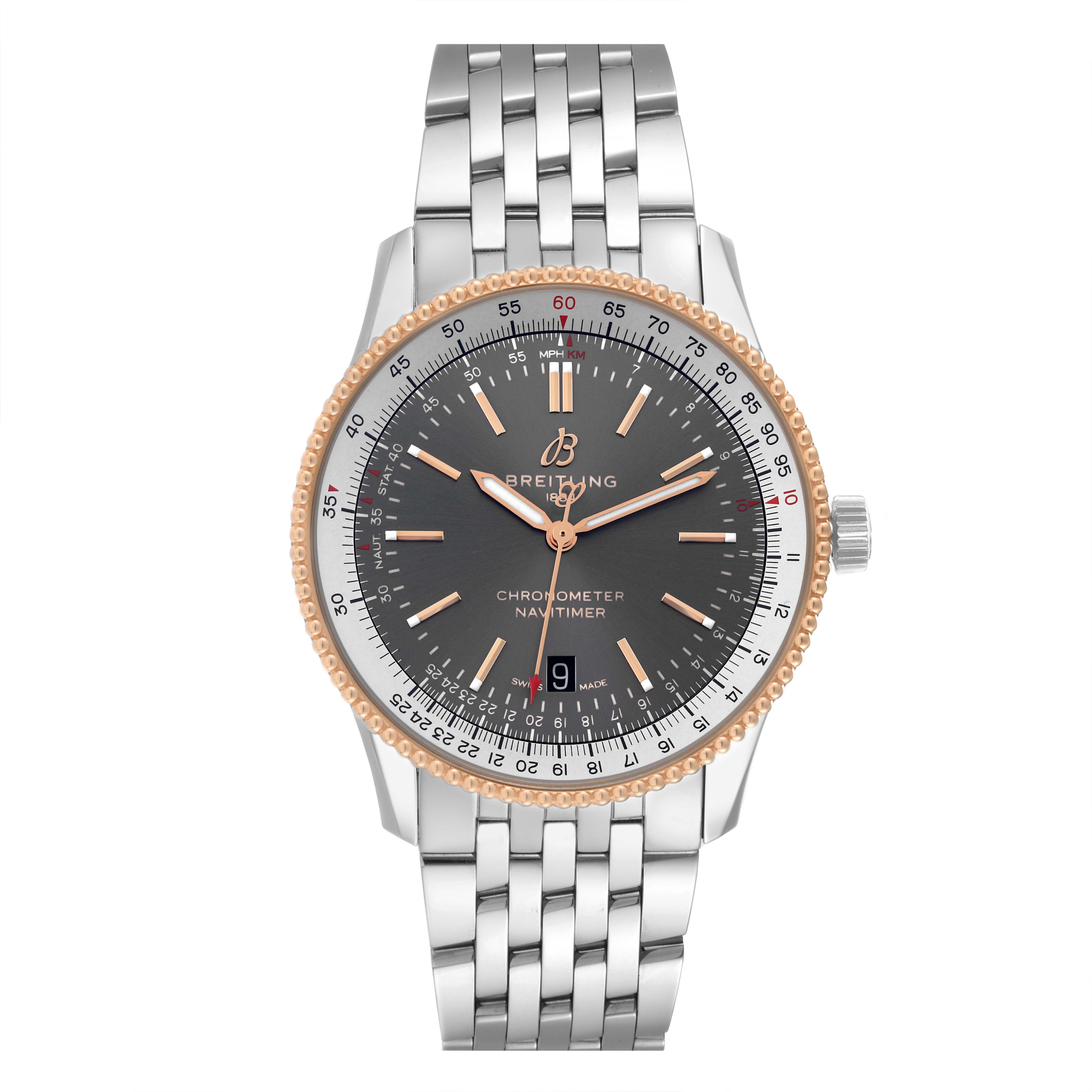 The image shows a frontal view of a Breitling Navitimer U17326 Men
s Stainless Steel Grey Dial U17326 Men
s Stainless Steel Grey Dial watch, displaying the face, bezel, and bracelet clearly.