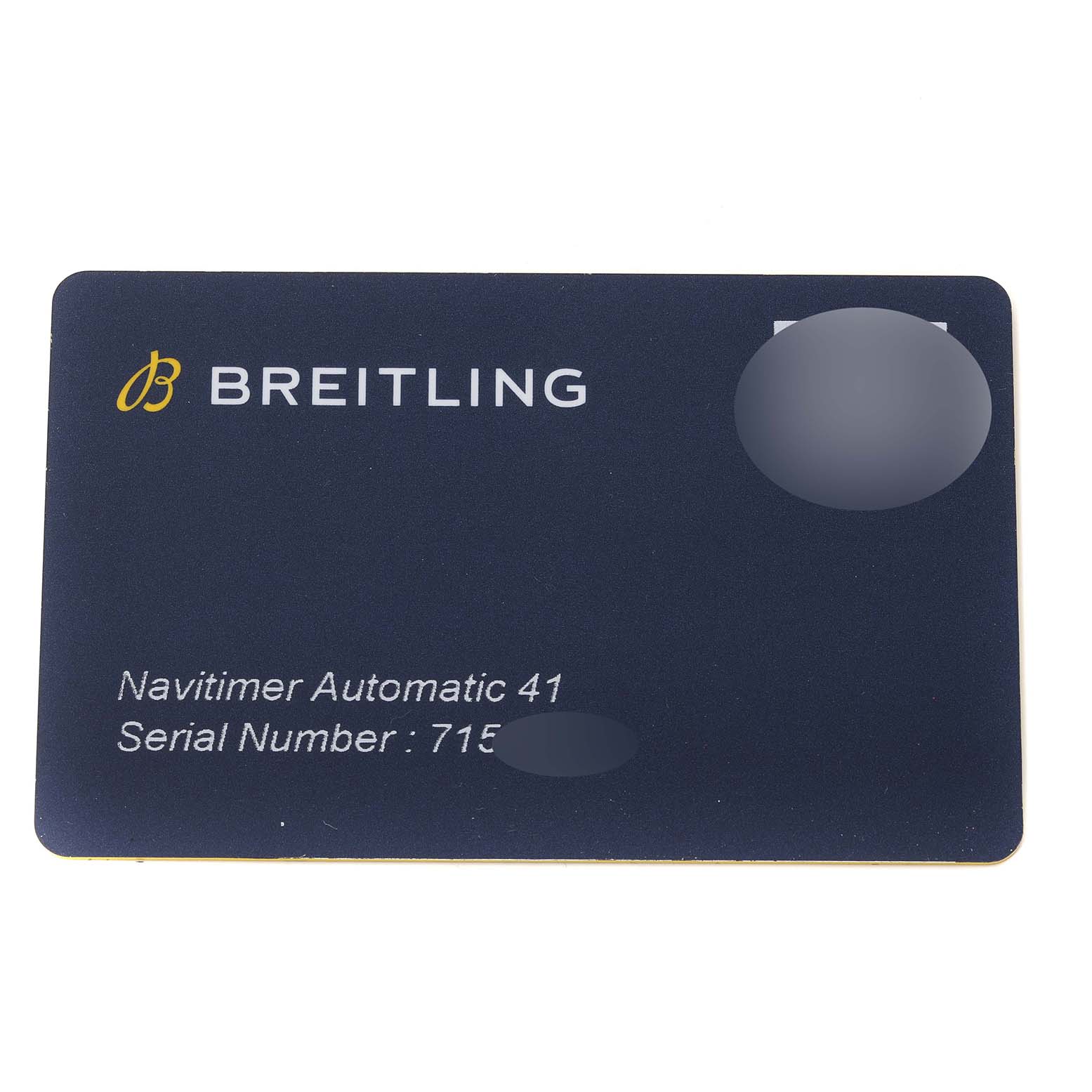 This image shows a warranty card for the Breitling Navitimer U17326 Men
s Stainless Steel Grey Dial U17326 Men
s Stainless Steel Grey Dial Automatic 41, displaying the brand, model, and serial number.