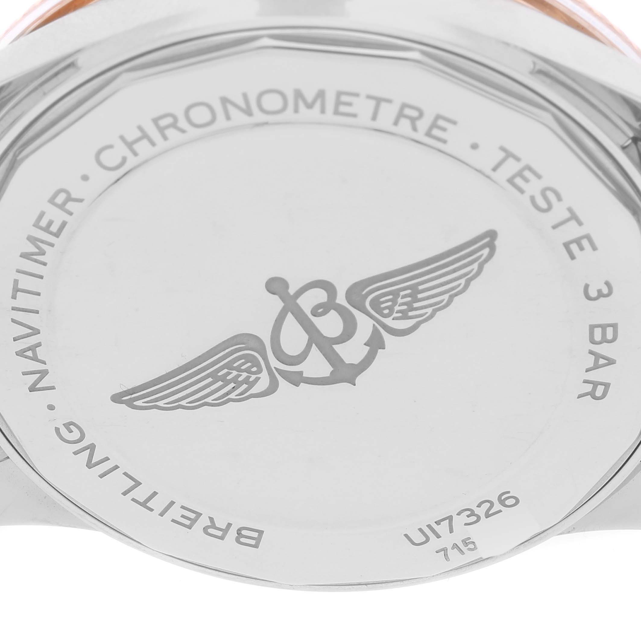 The image shows the back case of a Breitling Navitimer U17326 Men
s Stainless Steel Grey Dial U17326 Men
s Stainless Steel Grey Dial watch, displaying the brand logo and specifications.