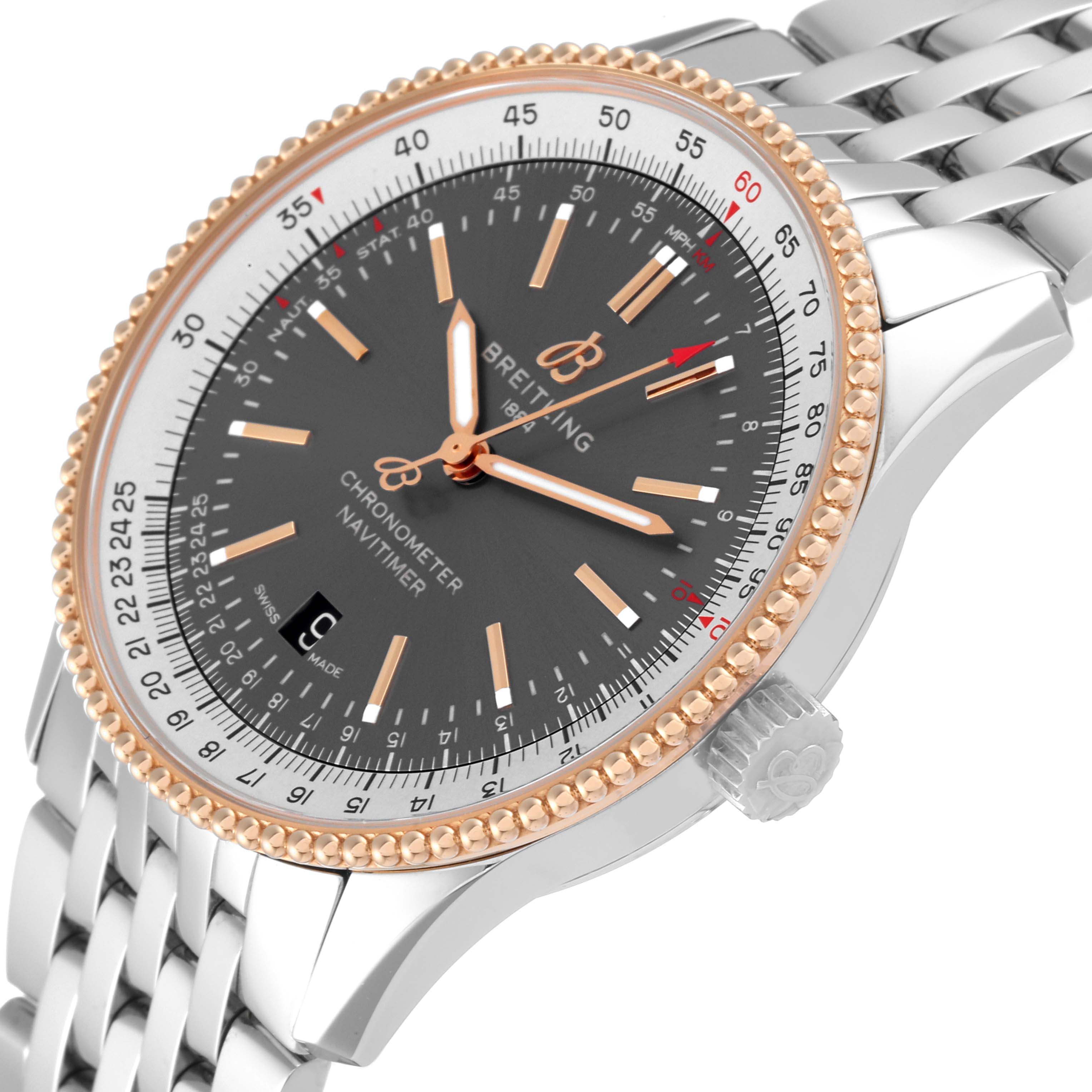 This image shows a Breitling Navitimer U17326 Men
s Stainless Steel Grey Dial U17326 Men
s Stainless Steel Grey Dial watch at a slight angle, displaying the face, bezel, and part of the bracelet.