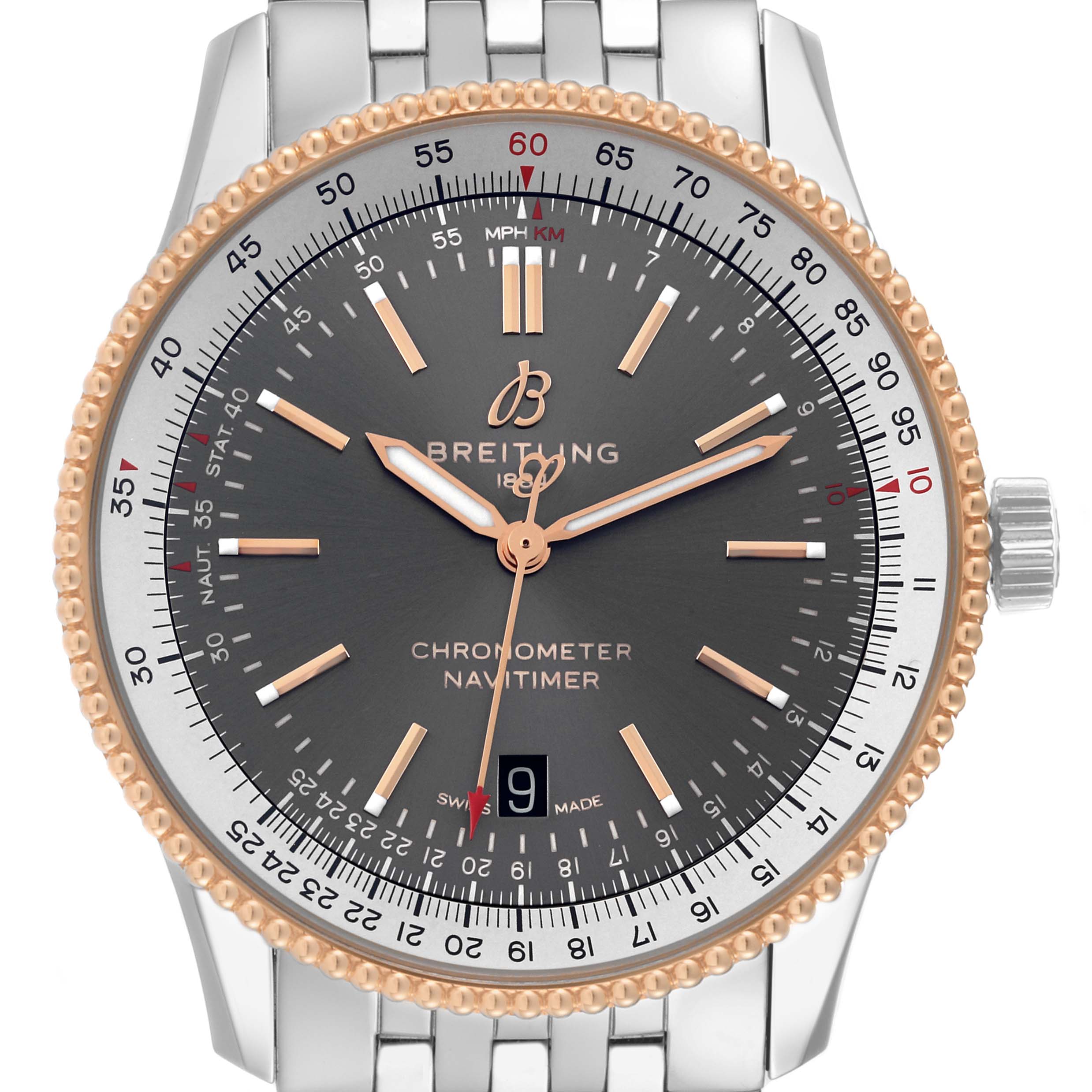 The image shows a front view of the Breitling Navitimer U17326 Men
s Stainless Steel Grey Dial U17326 Men
s Stainless Steel Grey Dial watch, highlighting its dial, markers, hands, and stainless steel bracelet.
