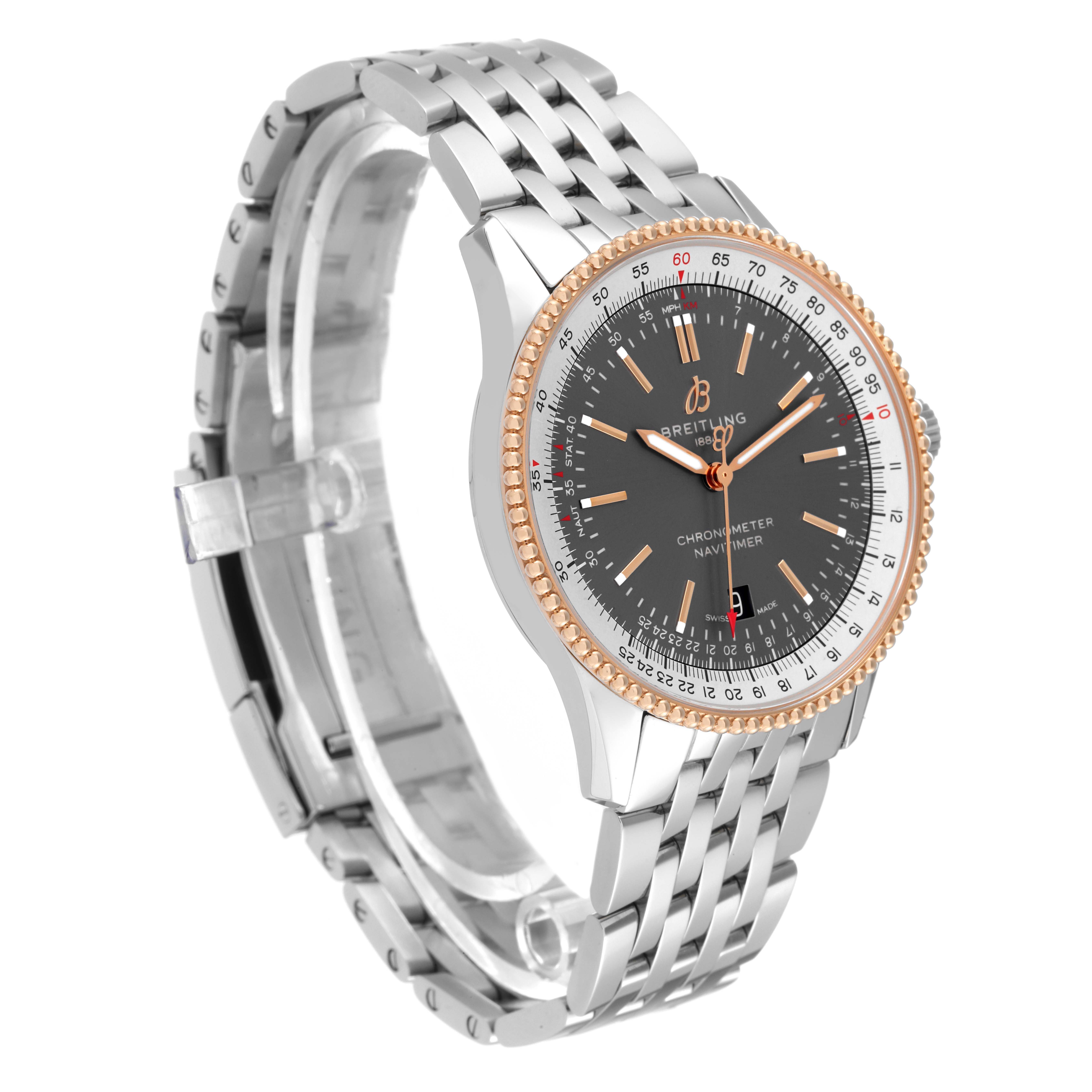 The Breitling Navitimer U17326 Men
s Stainless Steel Grey Dial U17326 Men
s Stainless Steel Grey Dial watch is shown at a three-quarter angle, highlighting its dial, bezel, and metal strap.