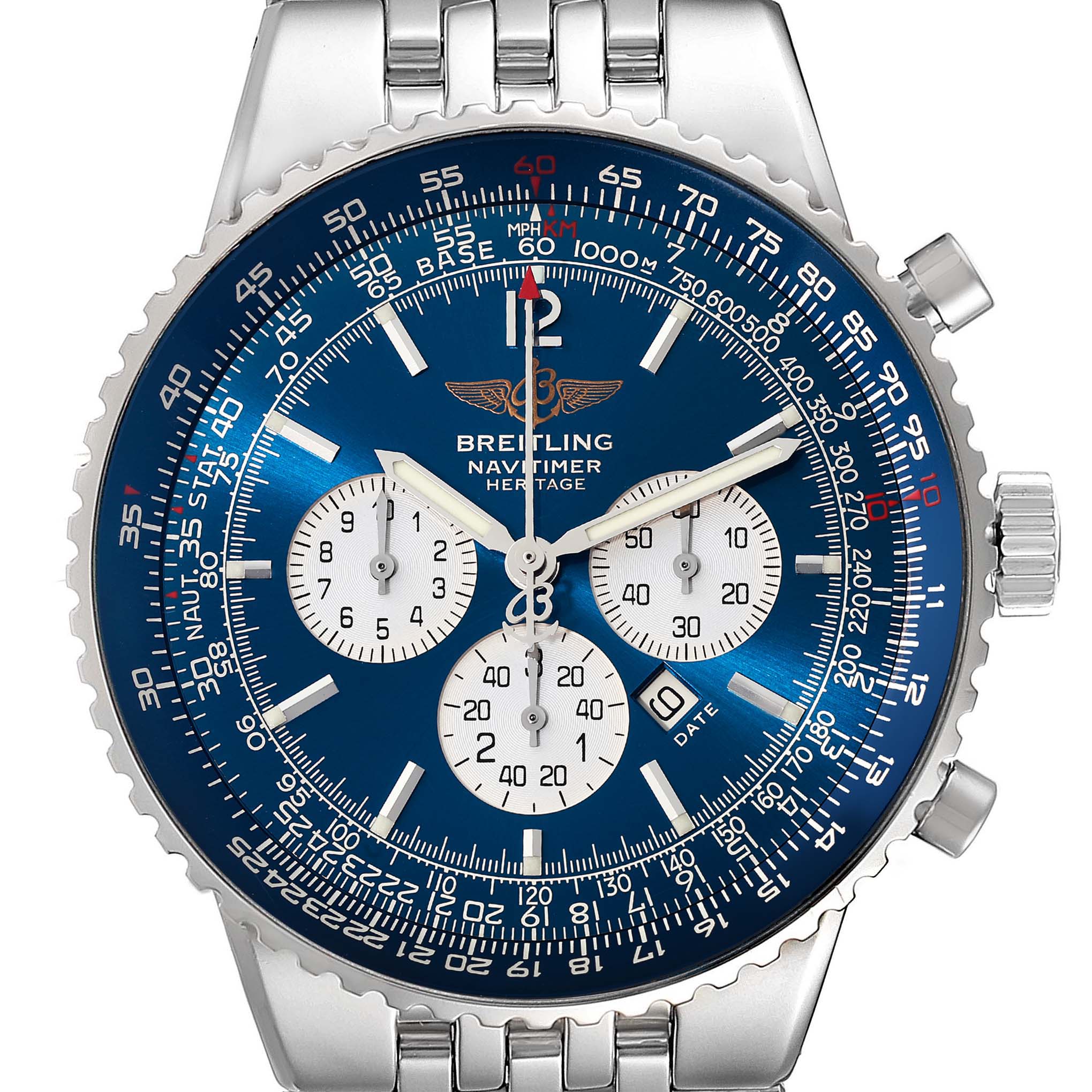 This is a close-up view of the Breitling Navitimer A35350 Men's Stainless Steel Blue Dial A35350 Men's Stainless Steel Blue Dial, showing its dial, chronograph subdials, and part of the metal bracelet.