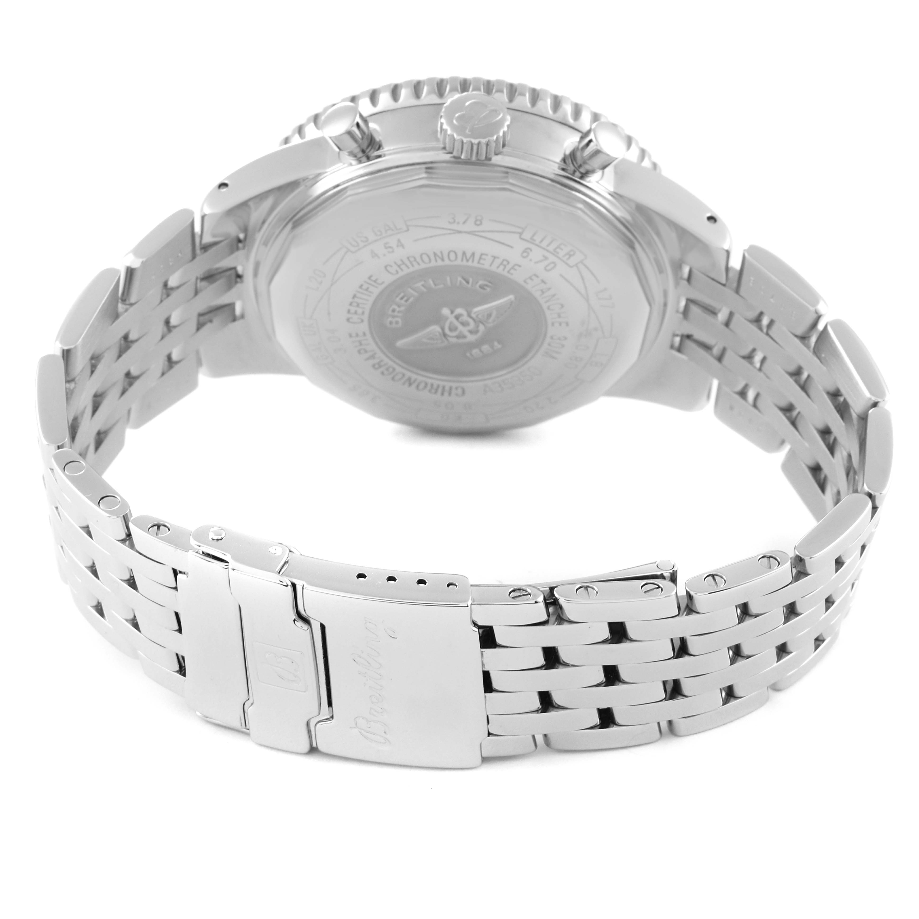 The image shows the backside view of a Breitling Navitimer A35350 Men's Stainless Steel Blue Dial A35350 Men's Stainless Steel Blue Dial watch with a stainless steel bracelet.