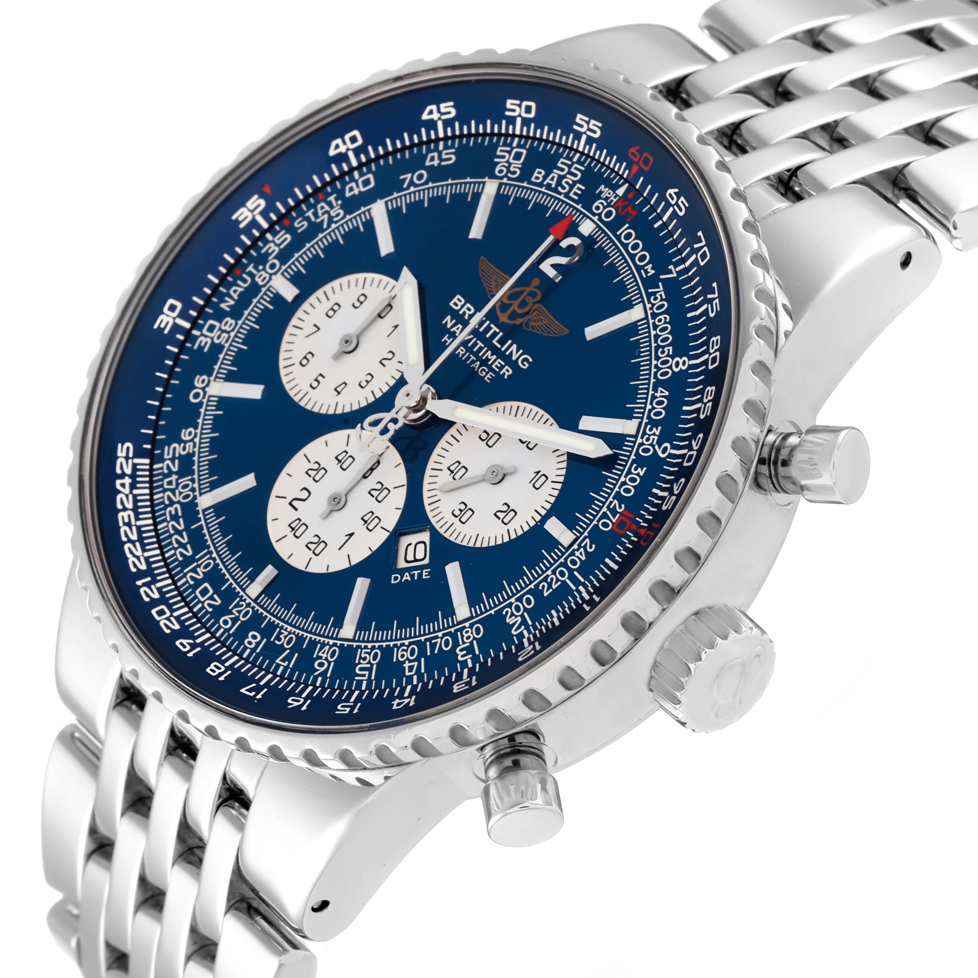 The image shows a close-up angled view of a Breitling Navitimer A35350 Men's Stainless Steel Blue Dial A35350 Men's Stainless Steel Blue Dial watch featuring the face, bezel, crown, pushers, and part of the metal strap.