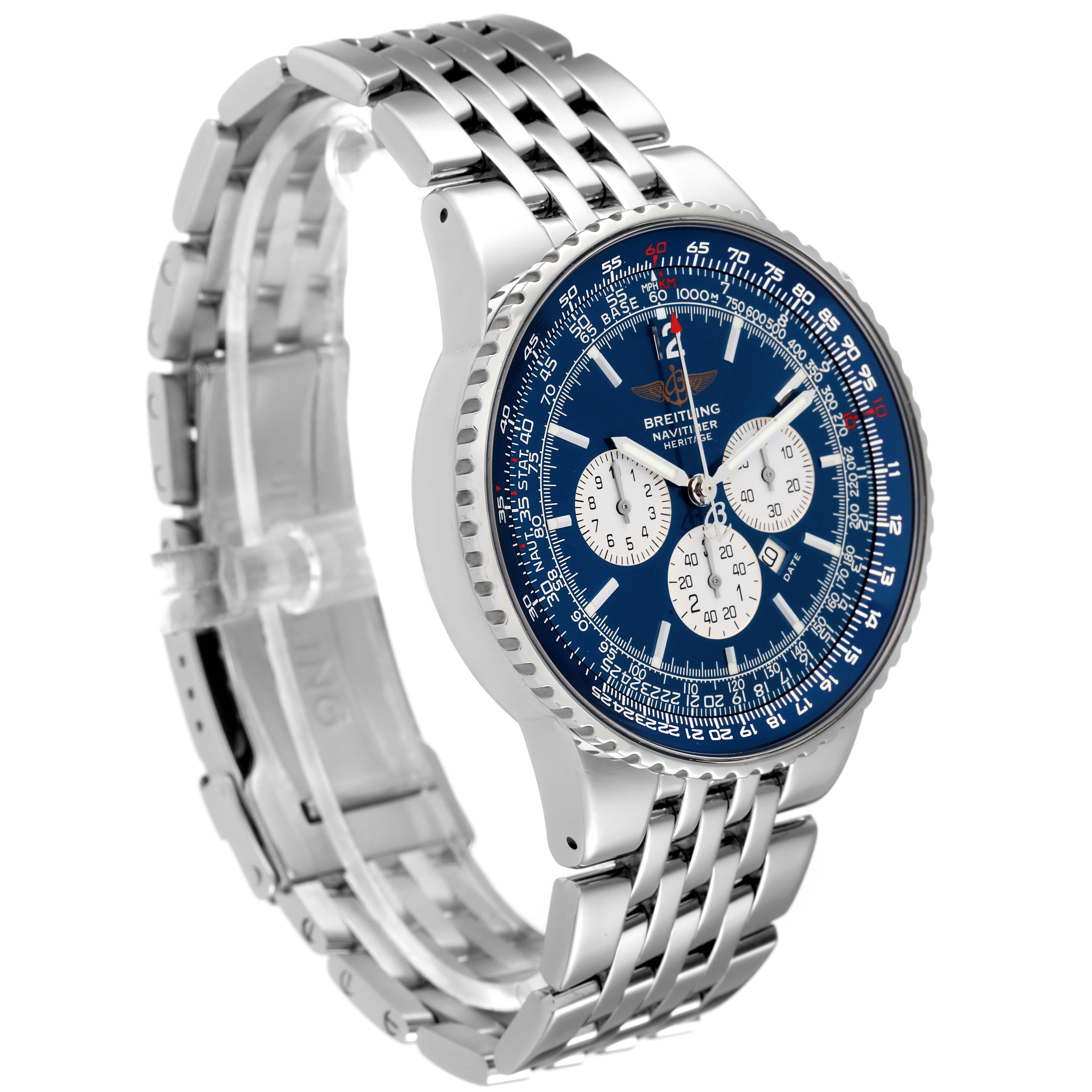 The image shows a Breitling Navitimer A35350 Men's Stainless Steel Blue Dial A35350 Men's Stainless Steel Blue Dial watch from a side angle, highlighting the dial, bezel, and stainless steel bracelet.
