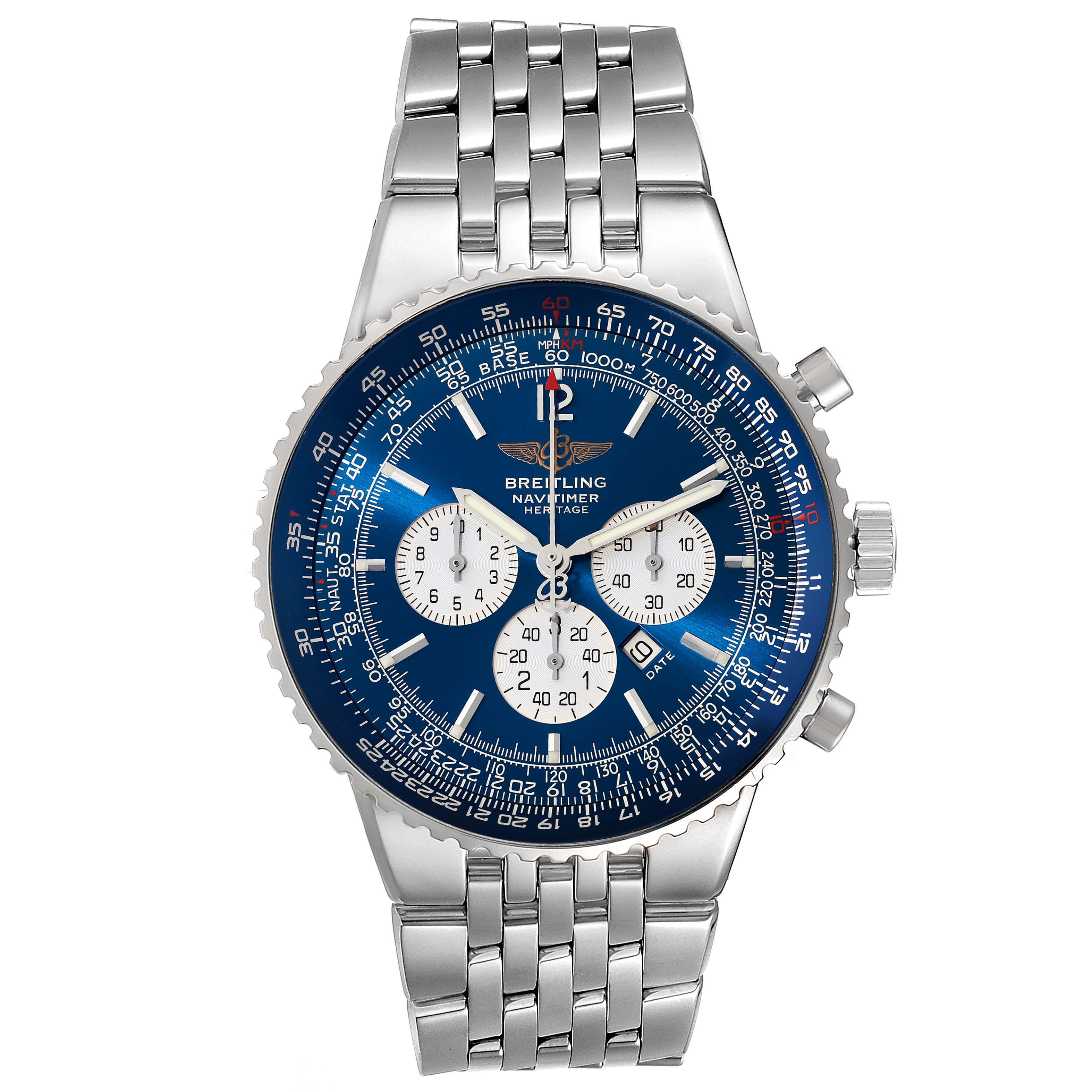 This image shows a frontal view of the Breitling Navitimer A35350 Men's Stainless Steel Blue Dial A35350 Men's Stainless Steel Blue Dial watch, highlighting its blue dial, chronograph subdials, and stainless steel bracelet.