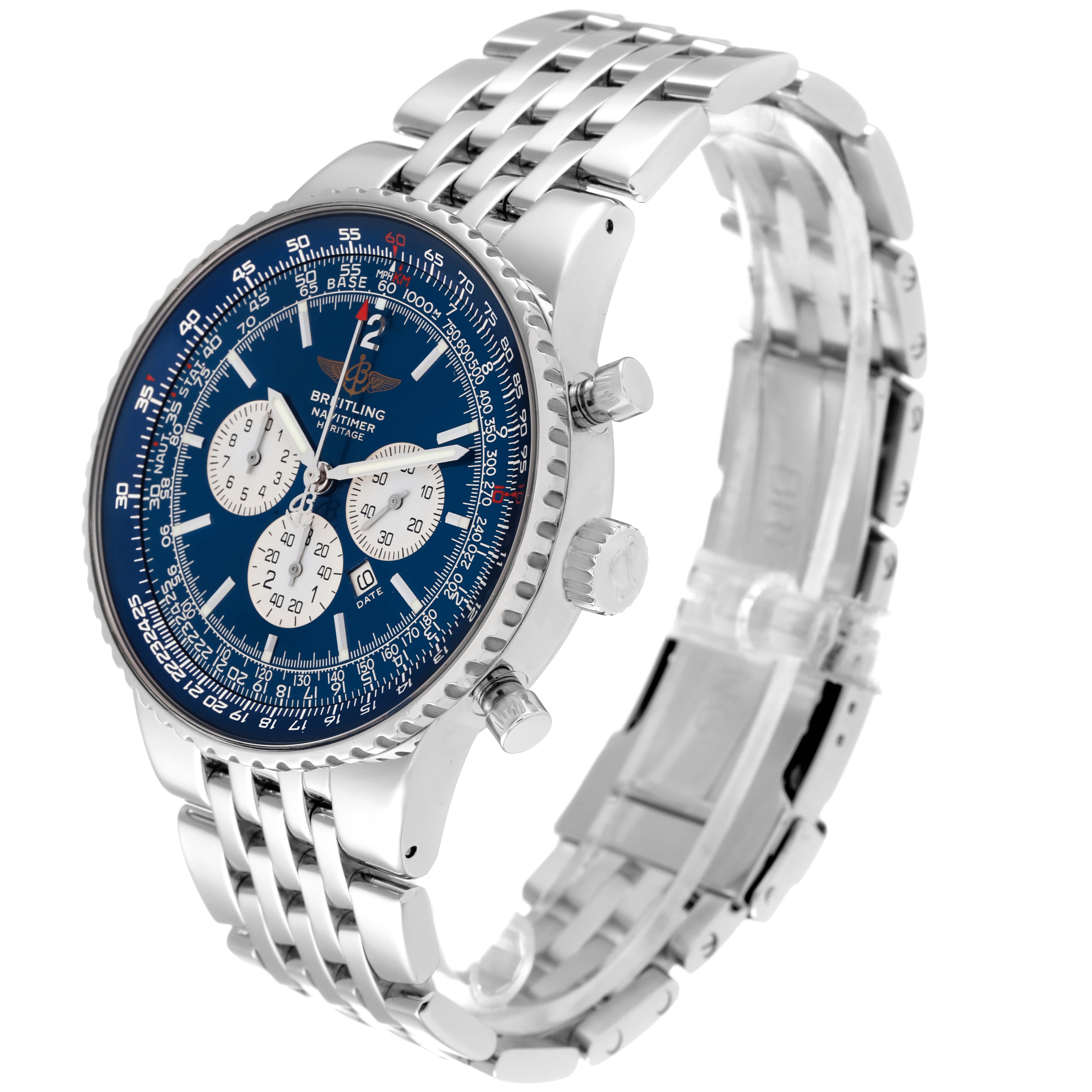 The image shows a Breitling Navitimer A35350 Men's Stainless Steel Blue Dial A35350 Men's Stainless Steel Blue Dial watch at a three-quarter angle, displaying its face, crown, pushers, and metal bracelet.