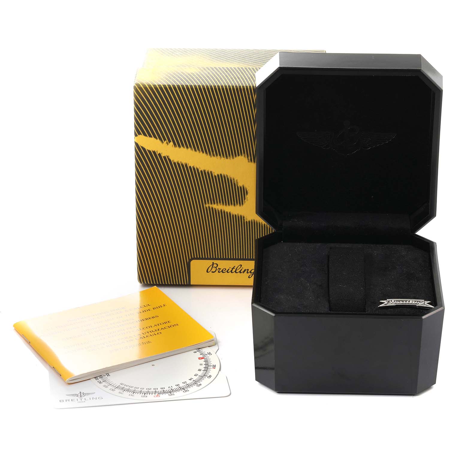 The image shows the packaging and accessories for a Breitling Navitimer A35350 Men's Stainless Steel Blue Dial A35350 Men's Stainless Steel Blue Dial watch, including a box, instructions manual, and a warranty card.