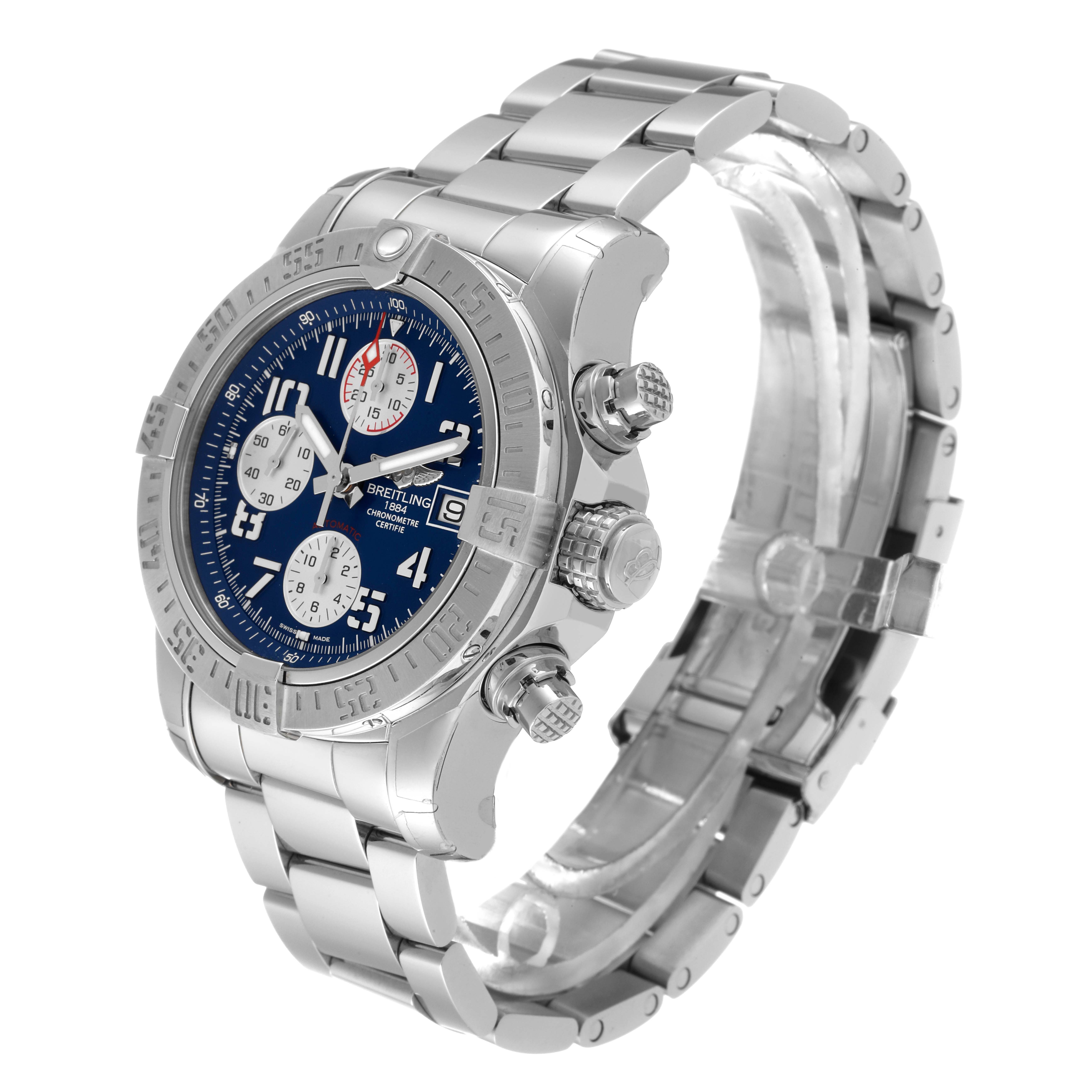 The image shows a Breitling Avenger A13381 Men's Stainless Steel Blue Dial A13381 Men's Stainless Steel Blue Dial watch at a three-quarter angle, showcasing the face, crown, pushers, and bracelet.