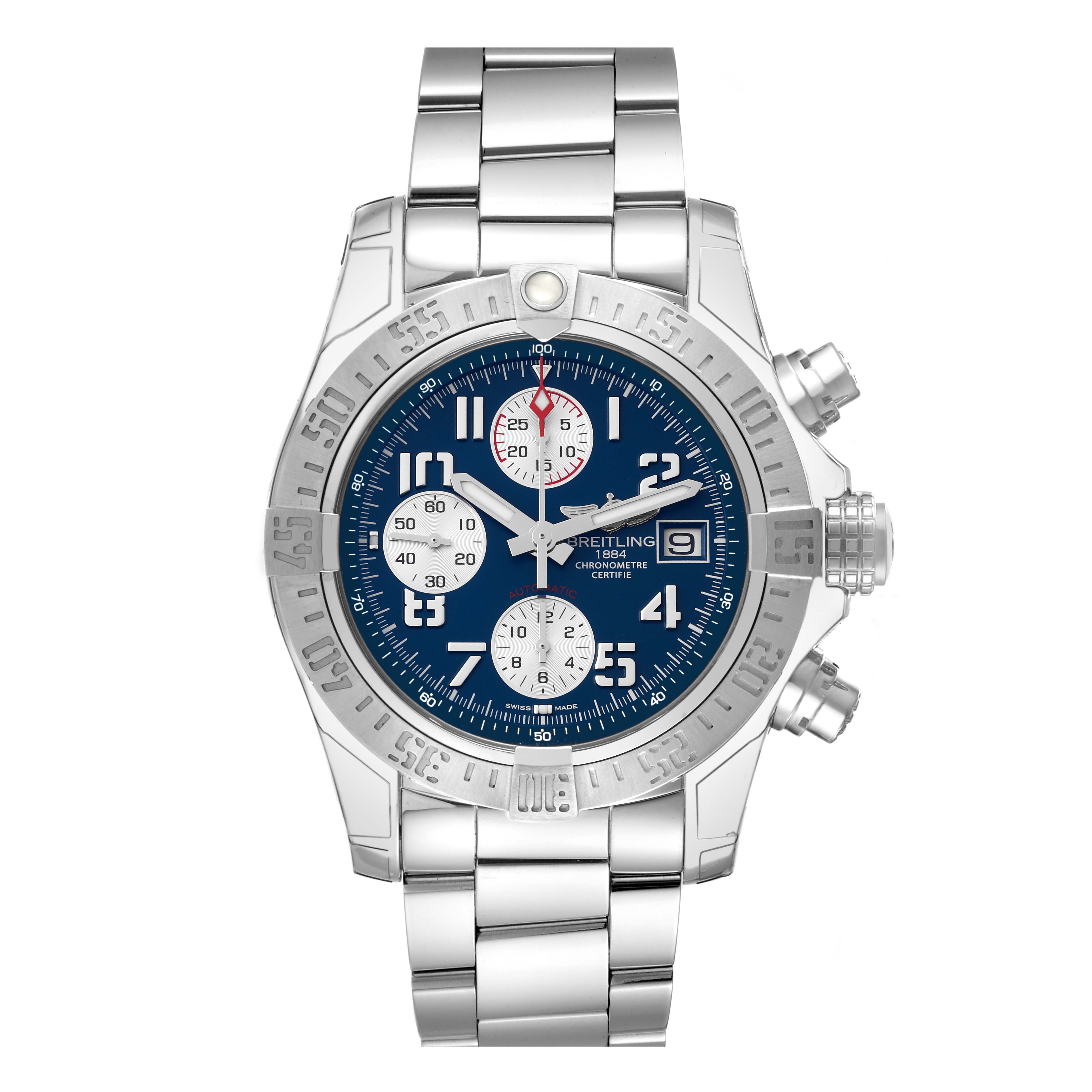 The image shows a front view of a Breitling Avenger A13381 Men's Stainless Steel Blue Dial A13381 Men's Stainless Steel Blue Dial watch, displaying its face, bezel, bracelet, and chronograph pushers.