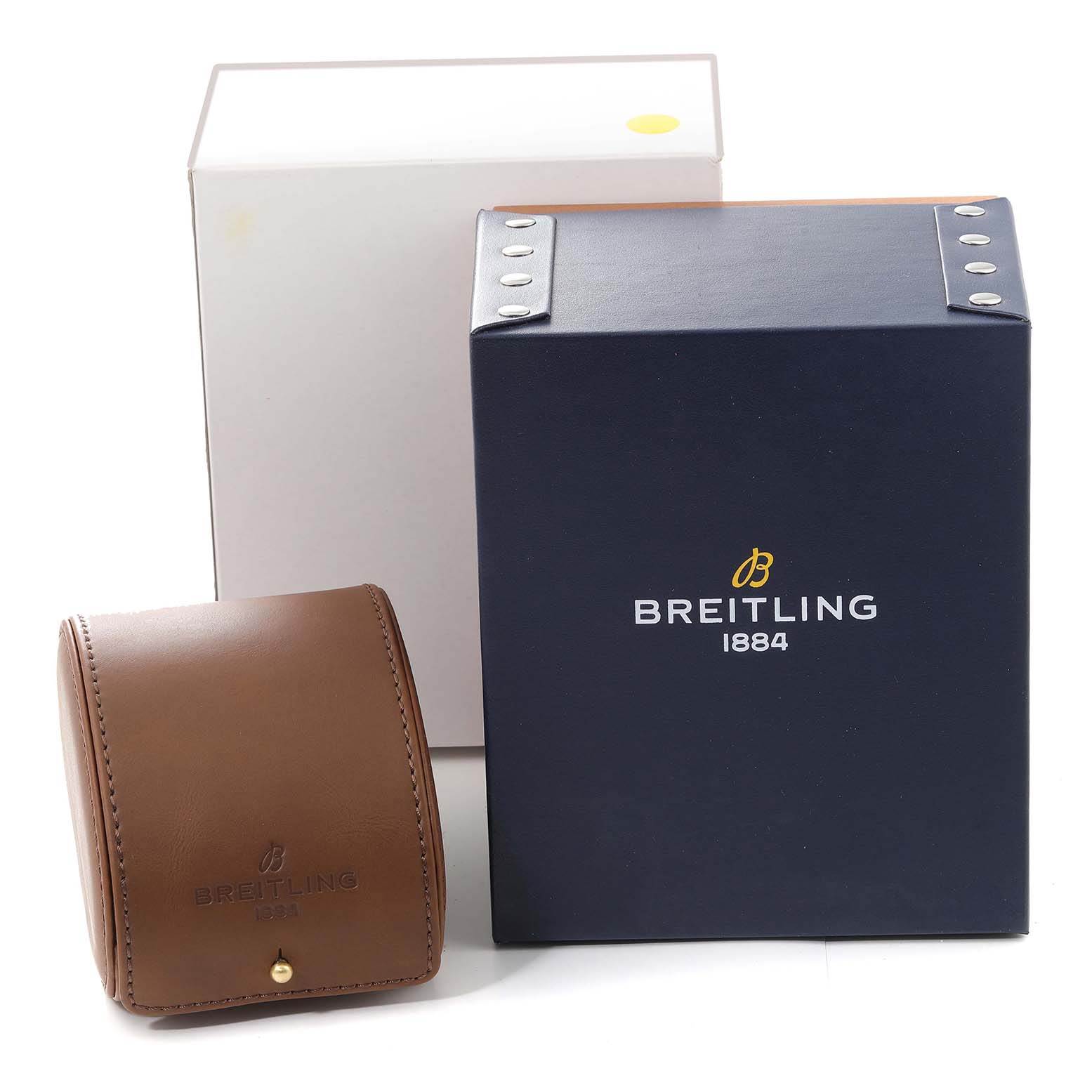 The image shows the packaging and accessories for a Breitling Avenger A13381 Men's Stainless Steel Blue Dial A13381 Men's Stainless Steel Blue Dial watch, including a brown leather case, a navy blue box, and a white outer box.