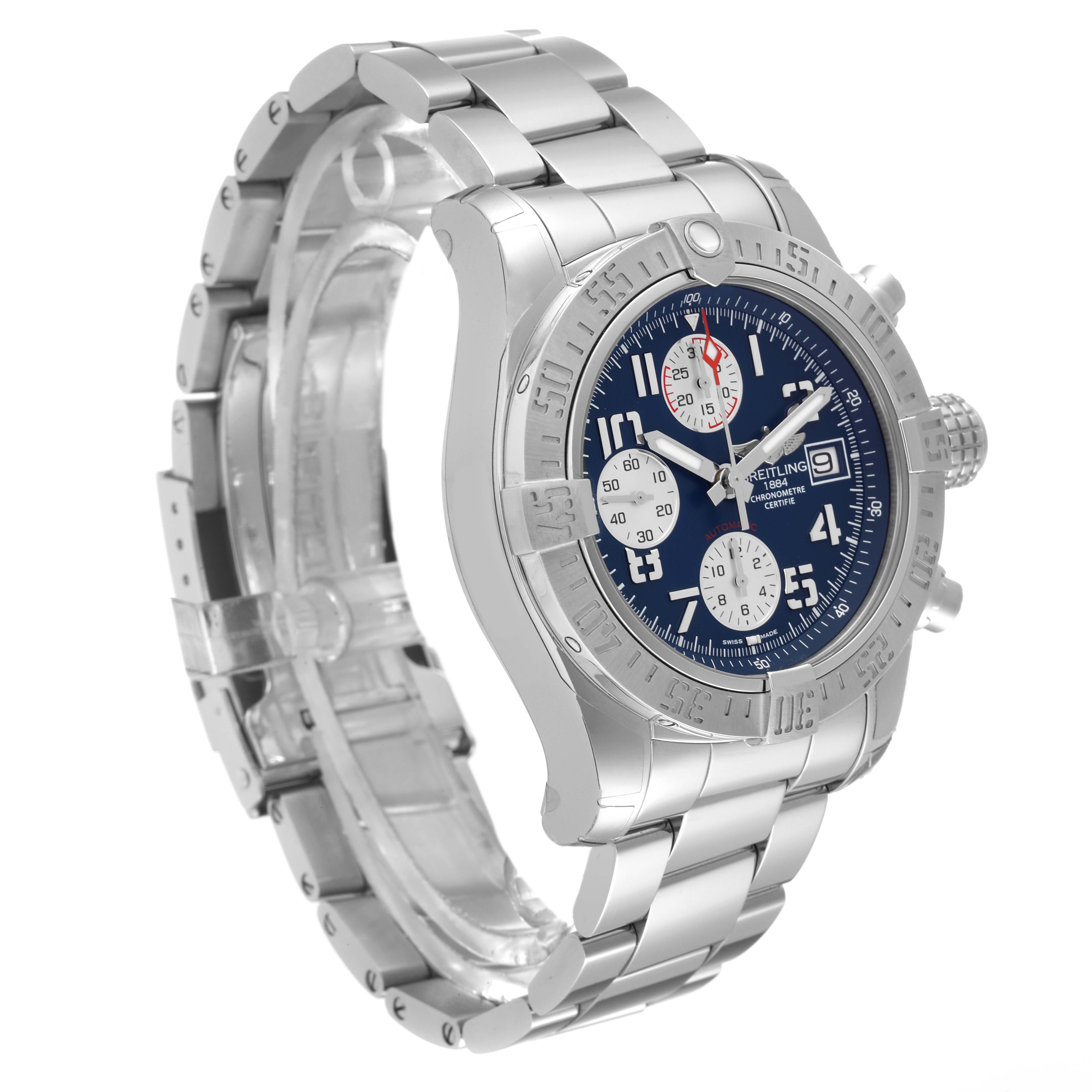 The image shows a Breitling Avenger A13381 Men's Stainless Steel Blue Dial A13381 Men's Stainless Steel Blue Dial watch at a three-quarter angle, highlighting its blue dial, stainless steel case, and bracelet.