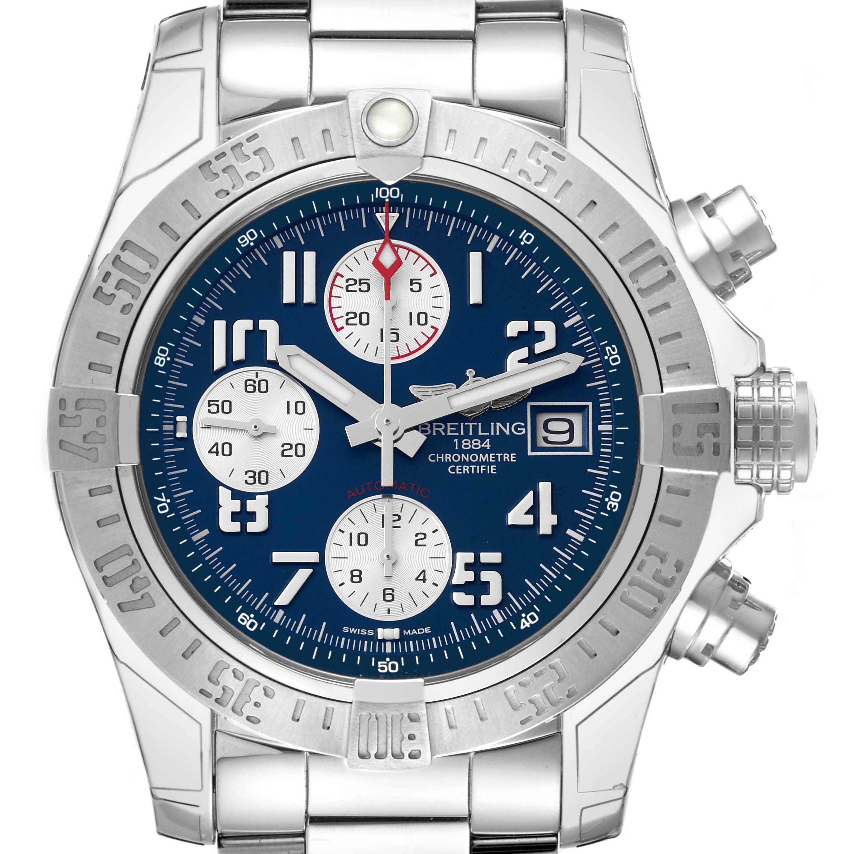 The image shows a close-up of the Breitling Avenger A13381 Men's Stainless Steel Blue Dial A13381 Men's Stainless Steel Blue Dial watch displaying the dial, bezel, subdials, crown, and part of the stainless steel bracelet.