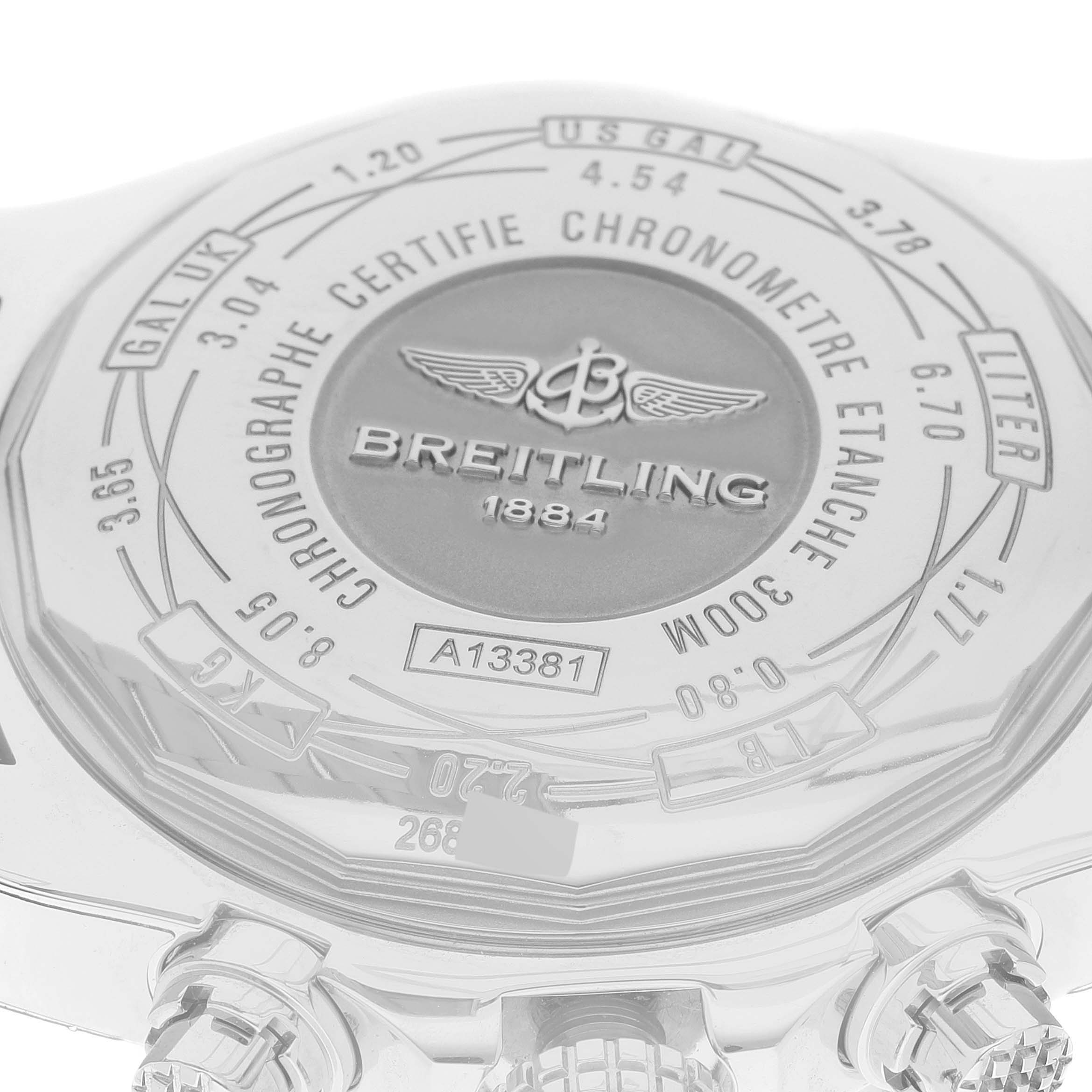 The image shows the back case of a Breitling Avenger A13381 Men's Stainless Steel Blue Dial A13381 Men's Stainless Steel Blue Dial watch, displaying its engravings and model number.