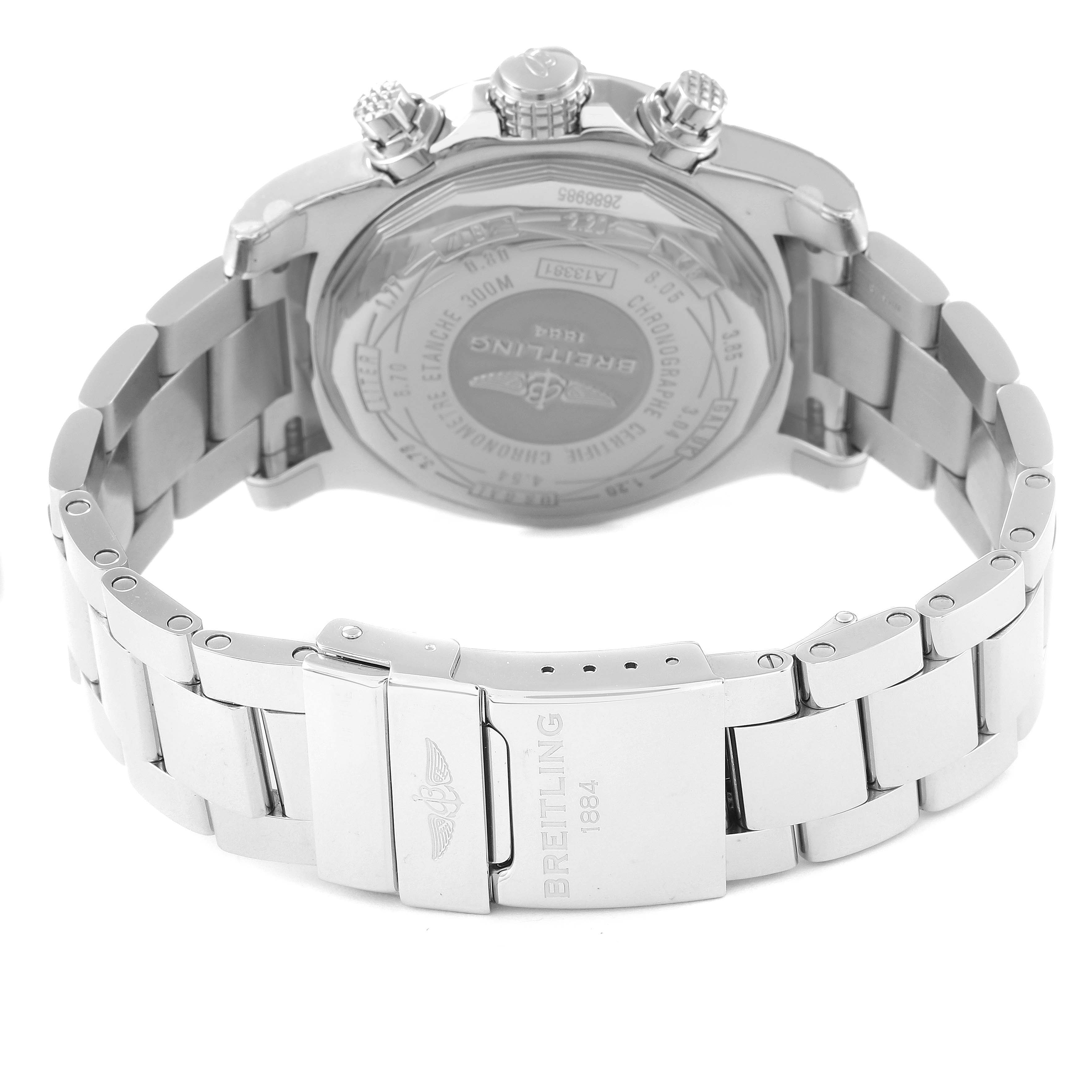 The image shows the back and clasp of a Breitling Avenger A13381 Men's Stainless Steel Blue Dial A13381 Men's Stainless Steel Blue Dial watch, highlighting the bracelet and case back.