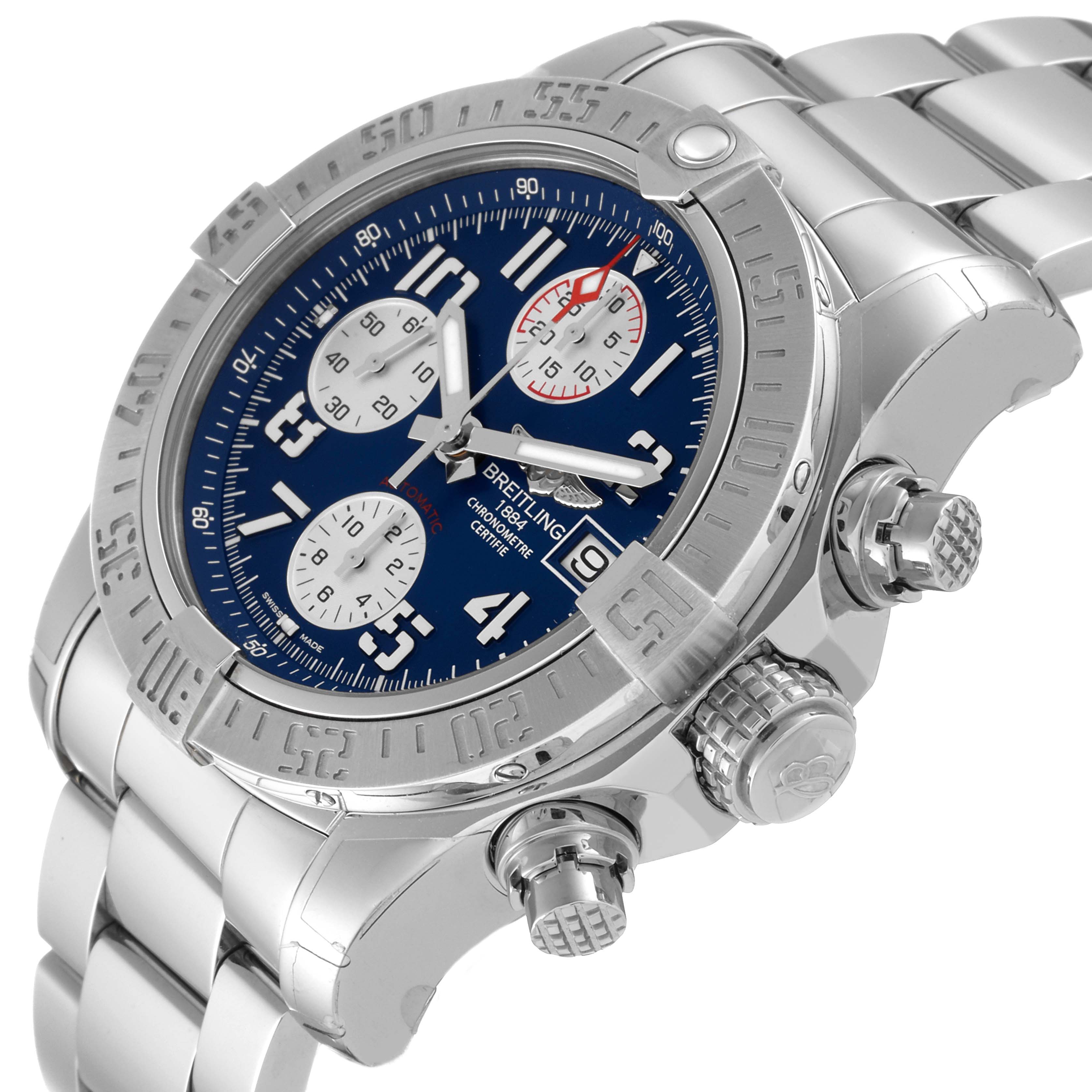 The image shows a close-up view of the Breitling Avenger A13381 Men's Stainless Steel Blue Dial A13381 Men's Stainless Steel Blue Dial watch, focusing on the face, bezel, and crown.