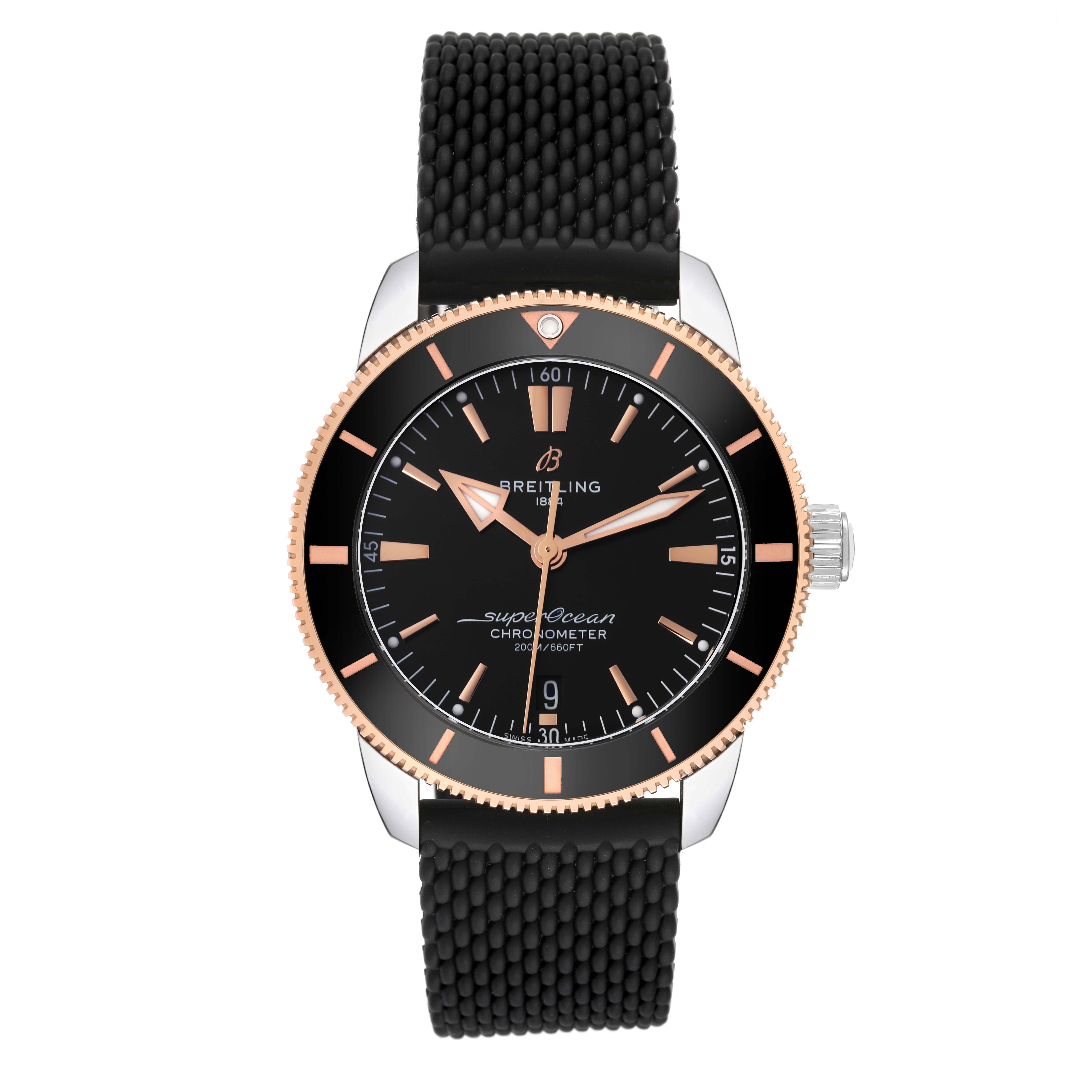 The image shows a Breitling Superocean UB2030121B1S1 Men
s Stainless Steel Black Dial UB2030121B1S1 Men
s Stainless Steel Black Dial watch from a front angle, displaying its dial, bezel, and strap.